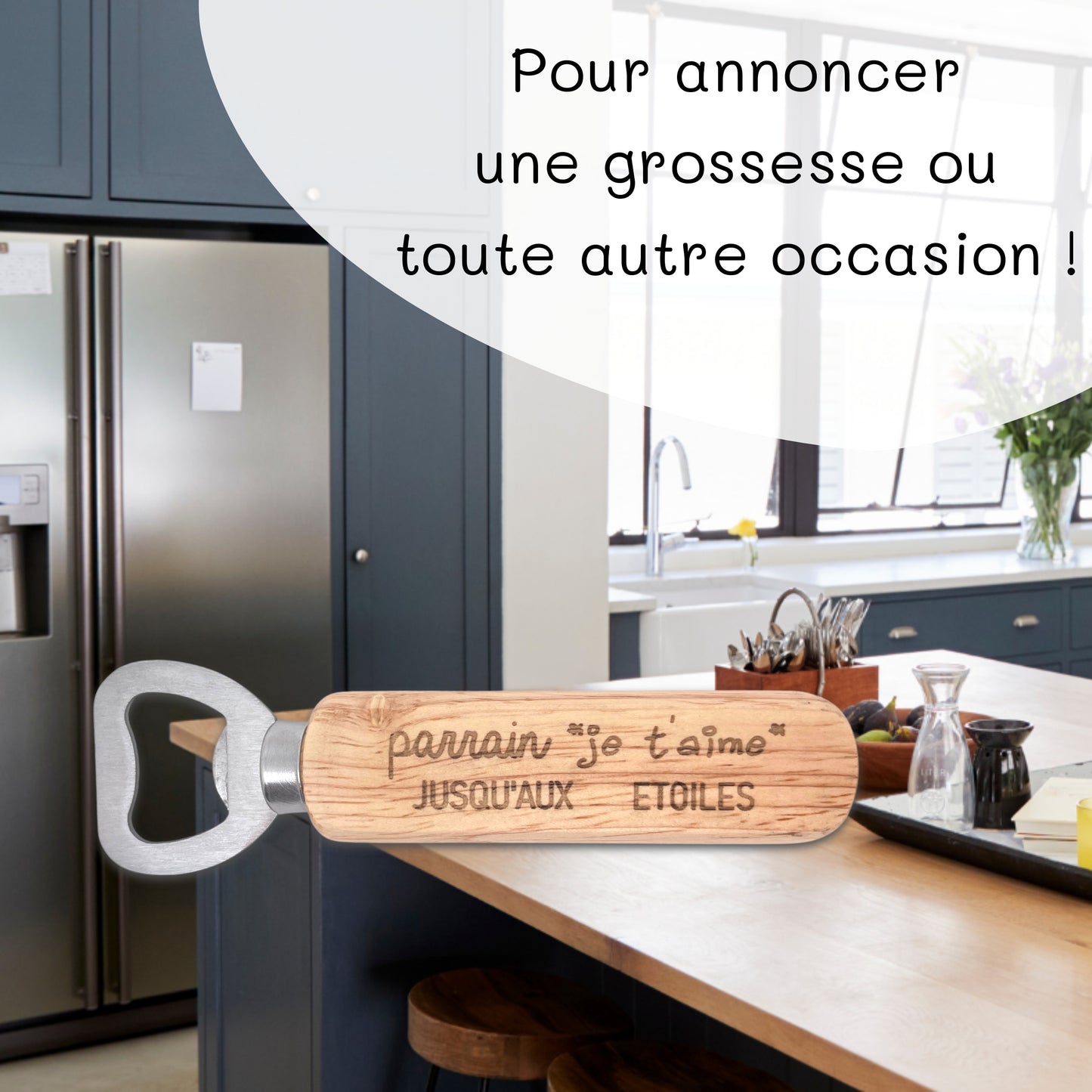 DECAPSULEUR MANCHE BOIS - PARRAIN - JE T'AIME JUSQU'AUX ETOILES