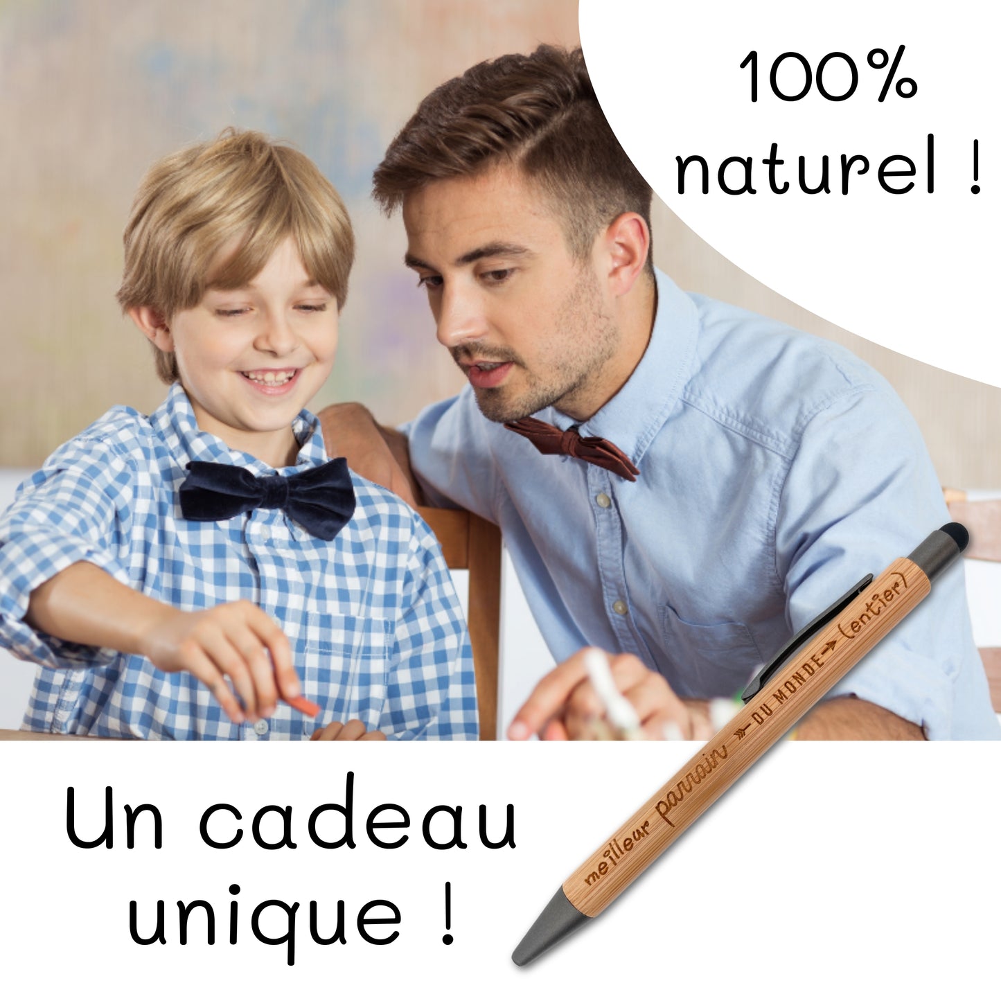 STYLO BAMBOU AVEC EMBOUT TACTILE - PARRAIN - MEILLEUR DU MONDE ENTIER
