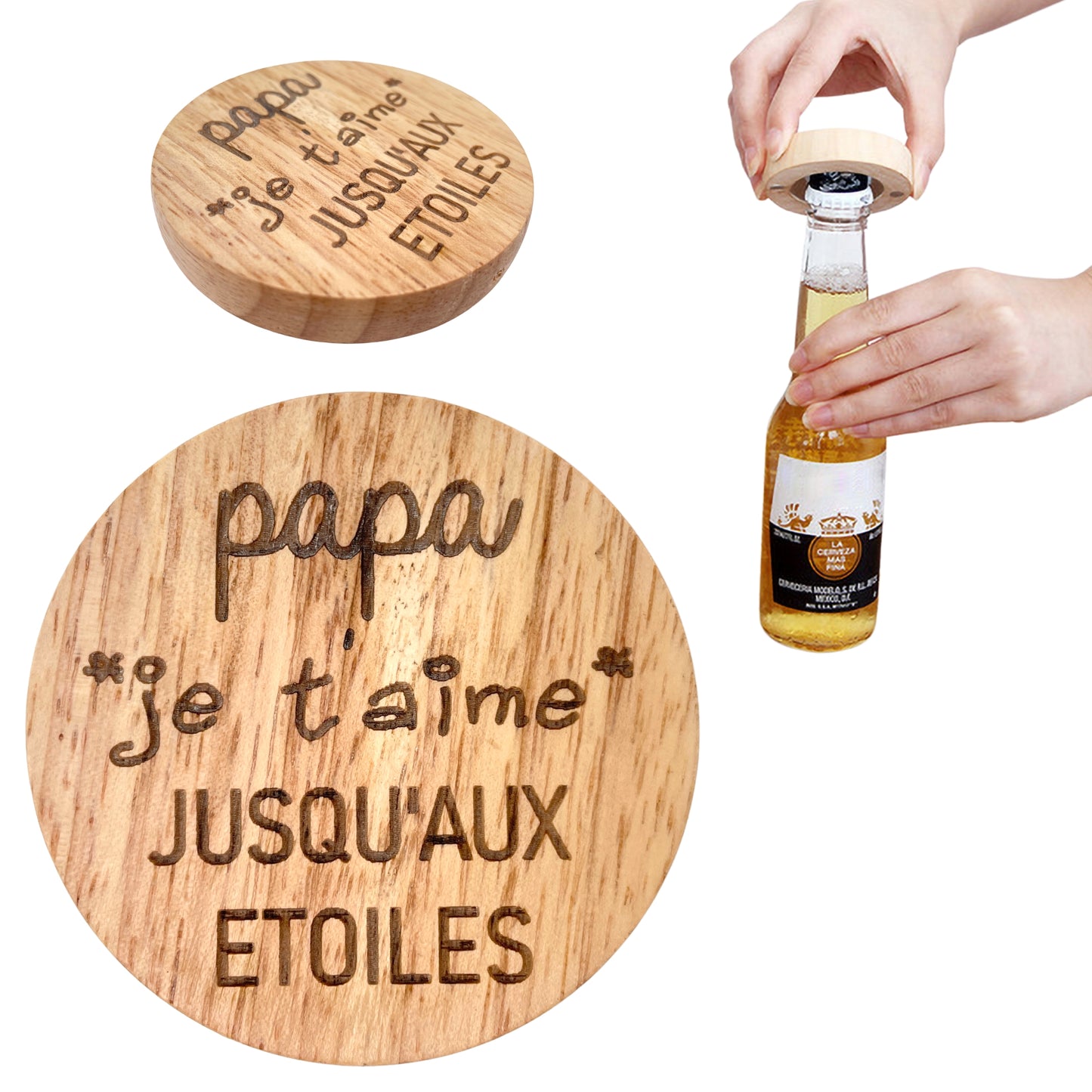 DECAPSULEUR MAGNETIQUE EN BOIS - PAPA - JE T'AIME JUSQU'AUX ETOILES