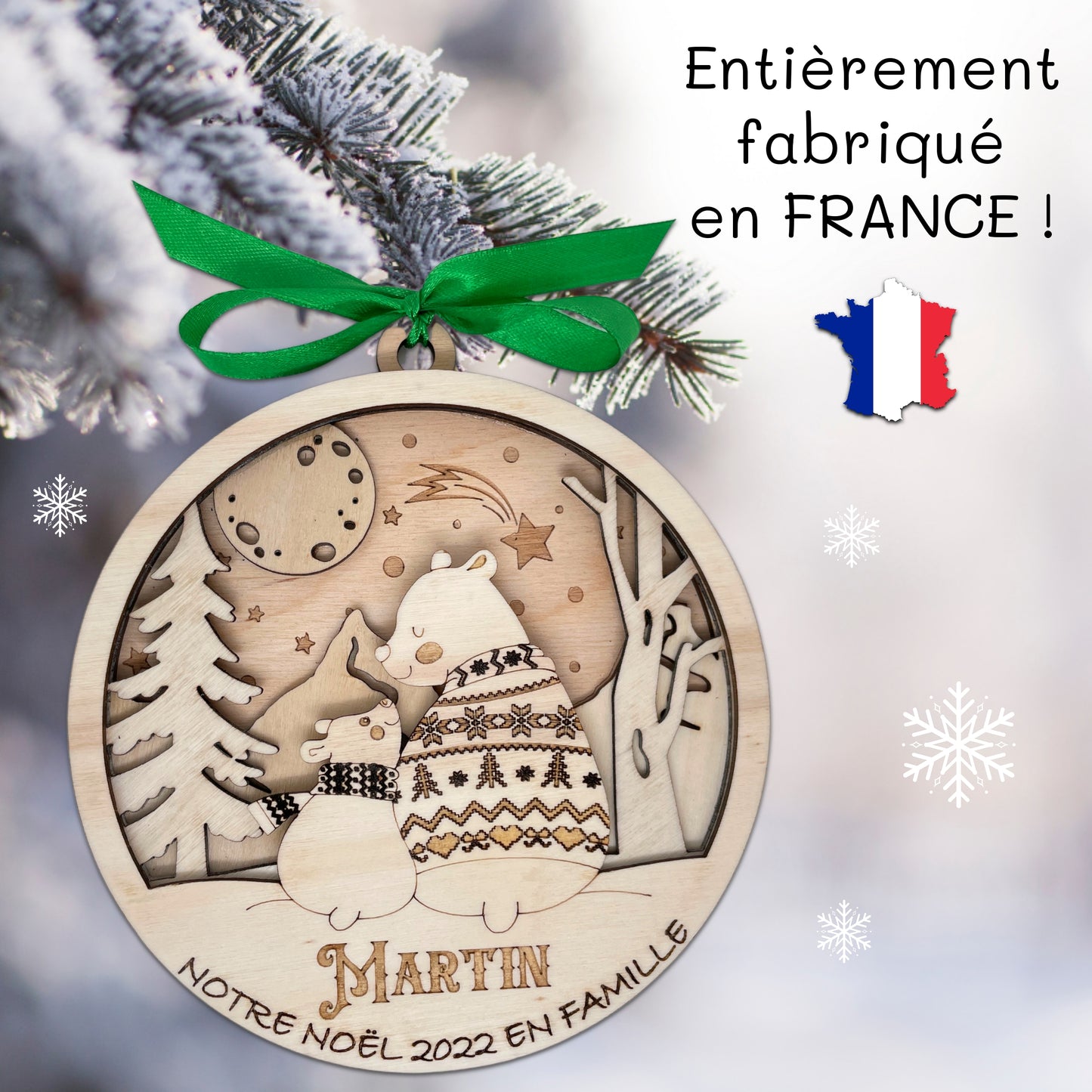 BOULE DE NOEL "MAXI" - PERSONNALISABLE - FAMILLE OURS - 1+1
