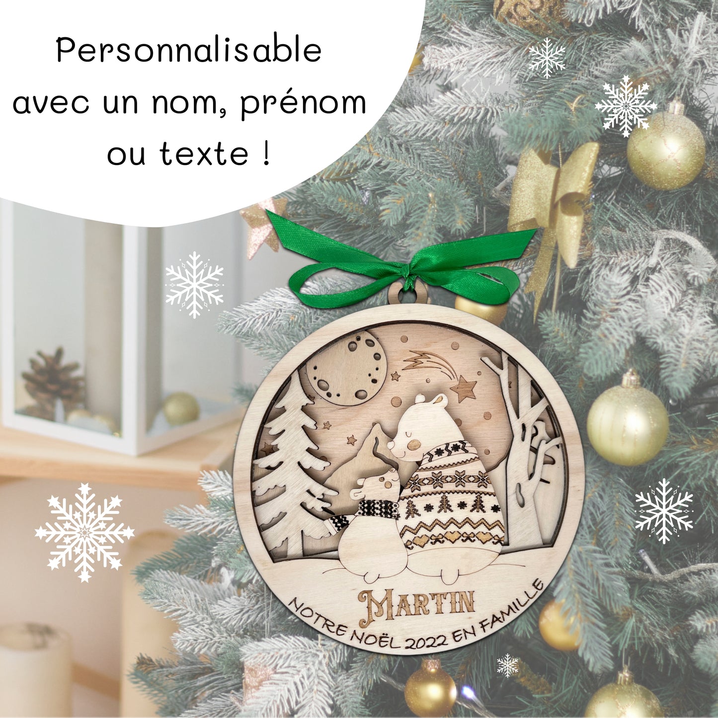 BOULE DE NOEL "MAXI" - PERSONNALISABLE - FAMILLE OURS - 1+1