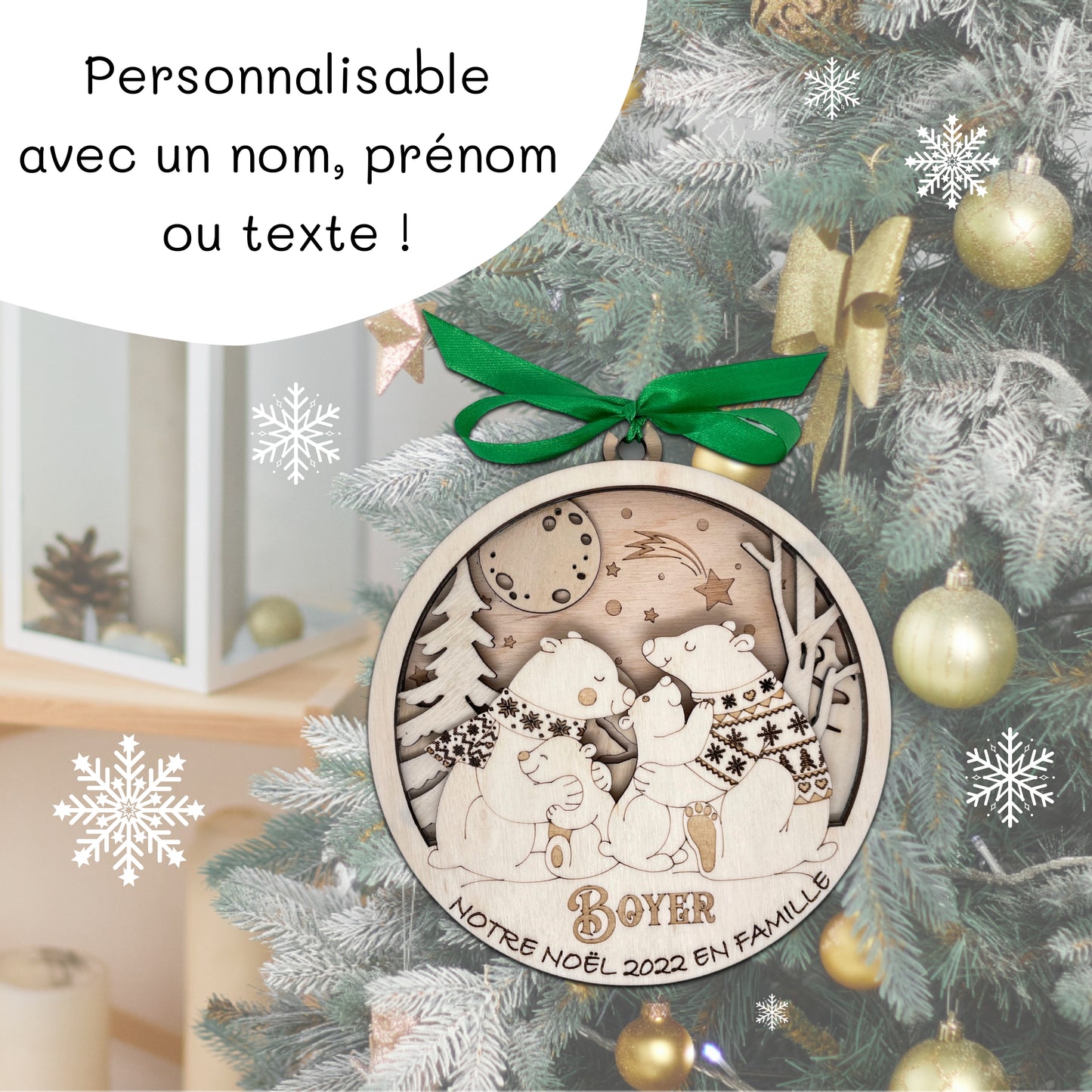 BOULE DE NOEL "MAXI" - PERSONNALISABLE - FAMILLE OURS - 2+2