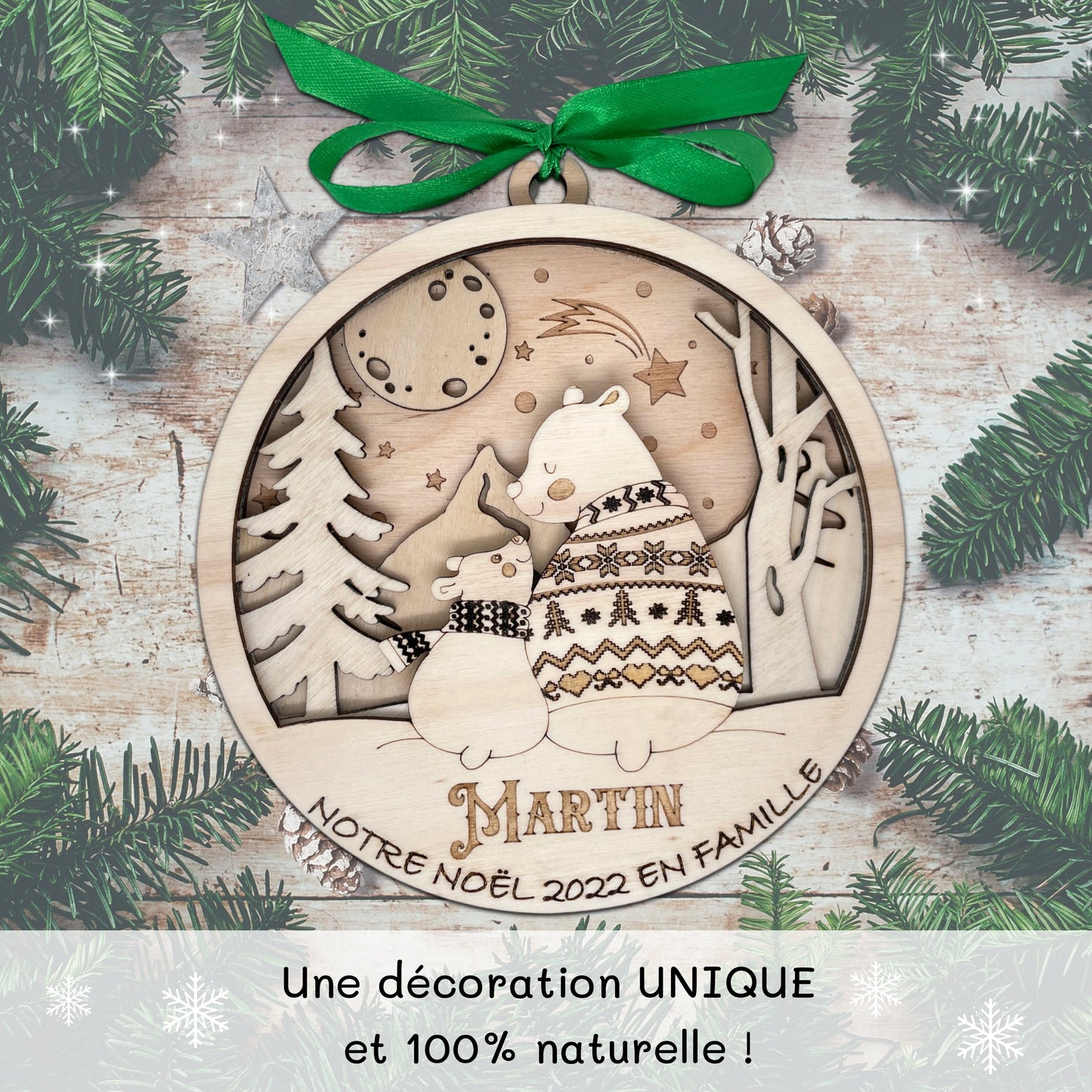 BOULE DE NOEL "MAXI" - PERSONNALISABLE - FAMILLE OURS - 1+1