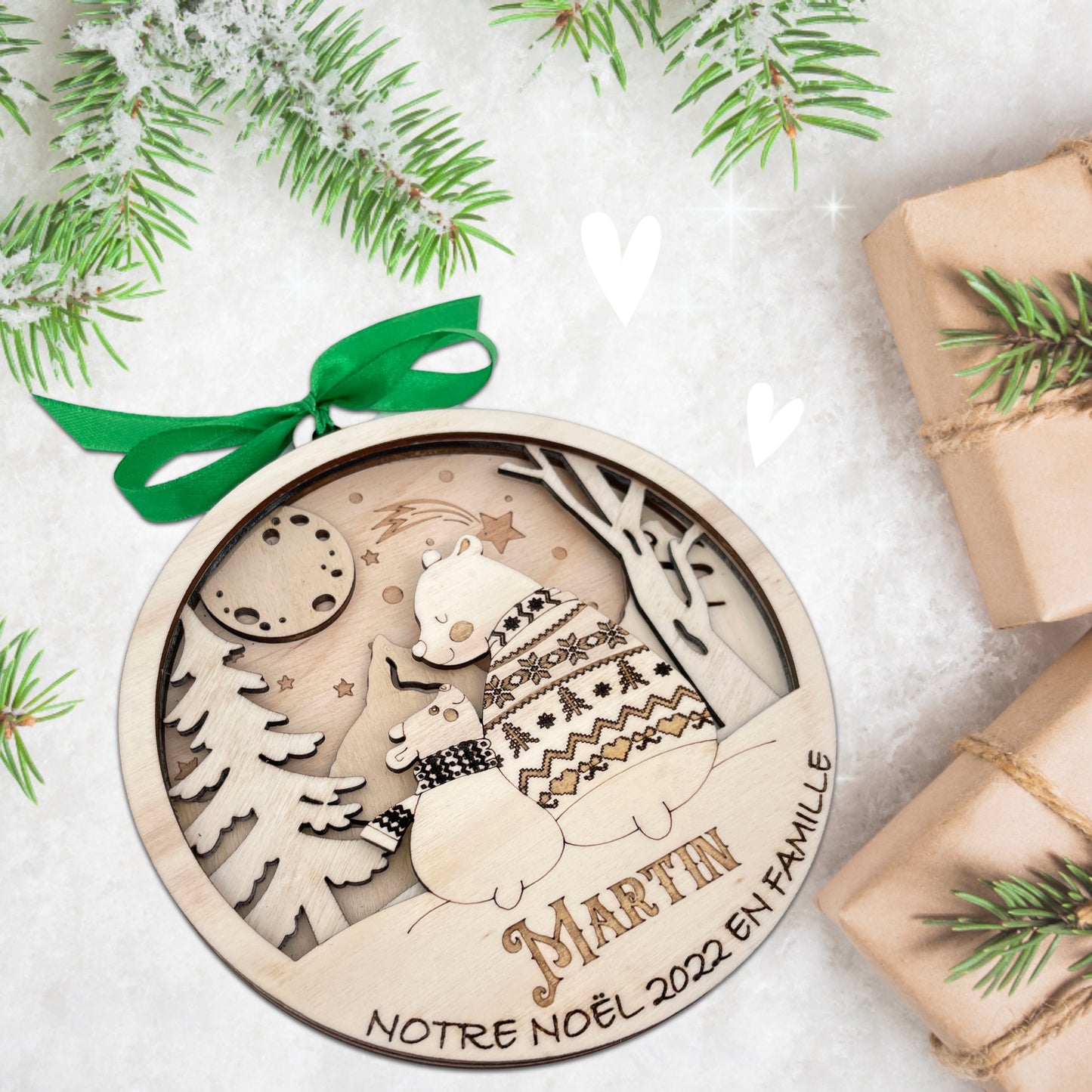 BOULE DE NOEL "MAXI" - PERSONNALISABLE - FAMILLE OURS - 1+1