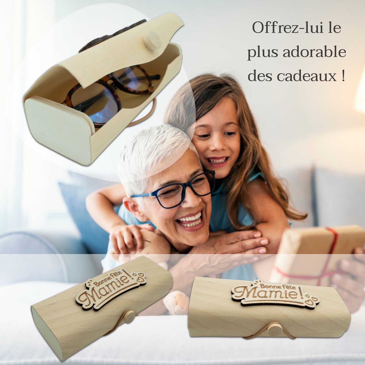 BOITIER LUNETTES EN BOIS - MAMIE BONNE FETE