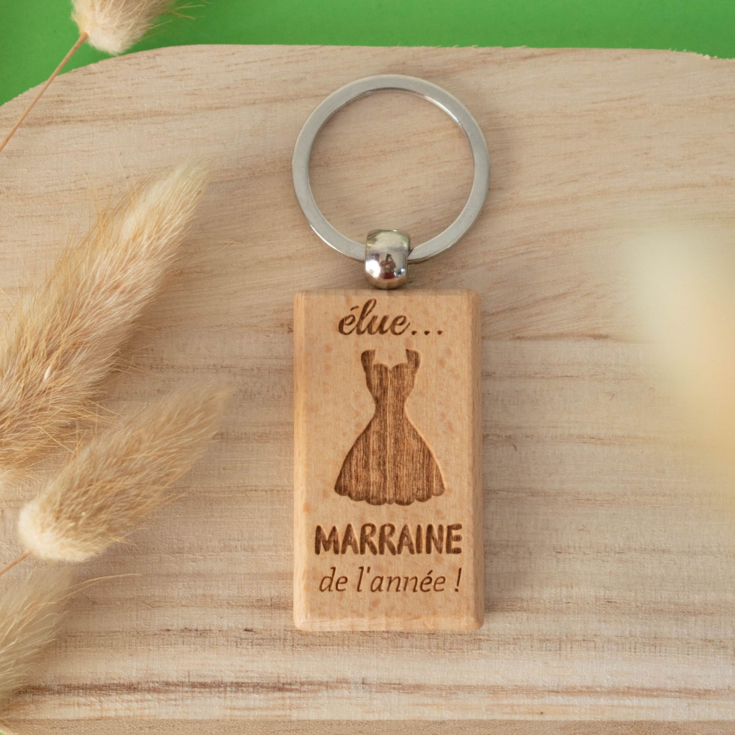 PORTE-CLEFS RECTANGLE EN BOIS - MARRAINE - ELUE MARRAINE DE L'ANNEE
