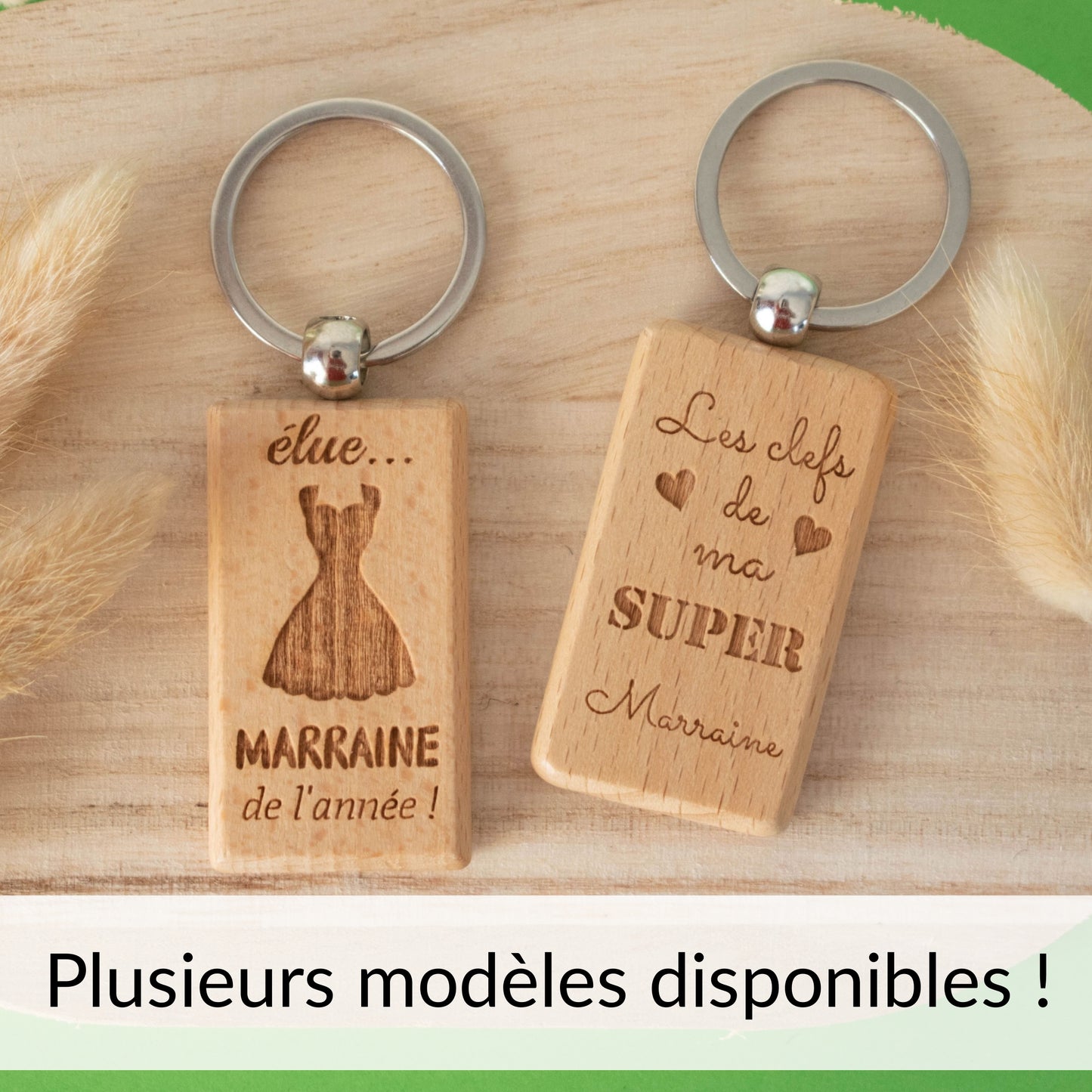 PORTE-CLEFS RECTANGLE EN BOIS - MARRAINE - ELUE MARRAINE DE L'ANNEE