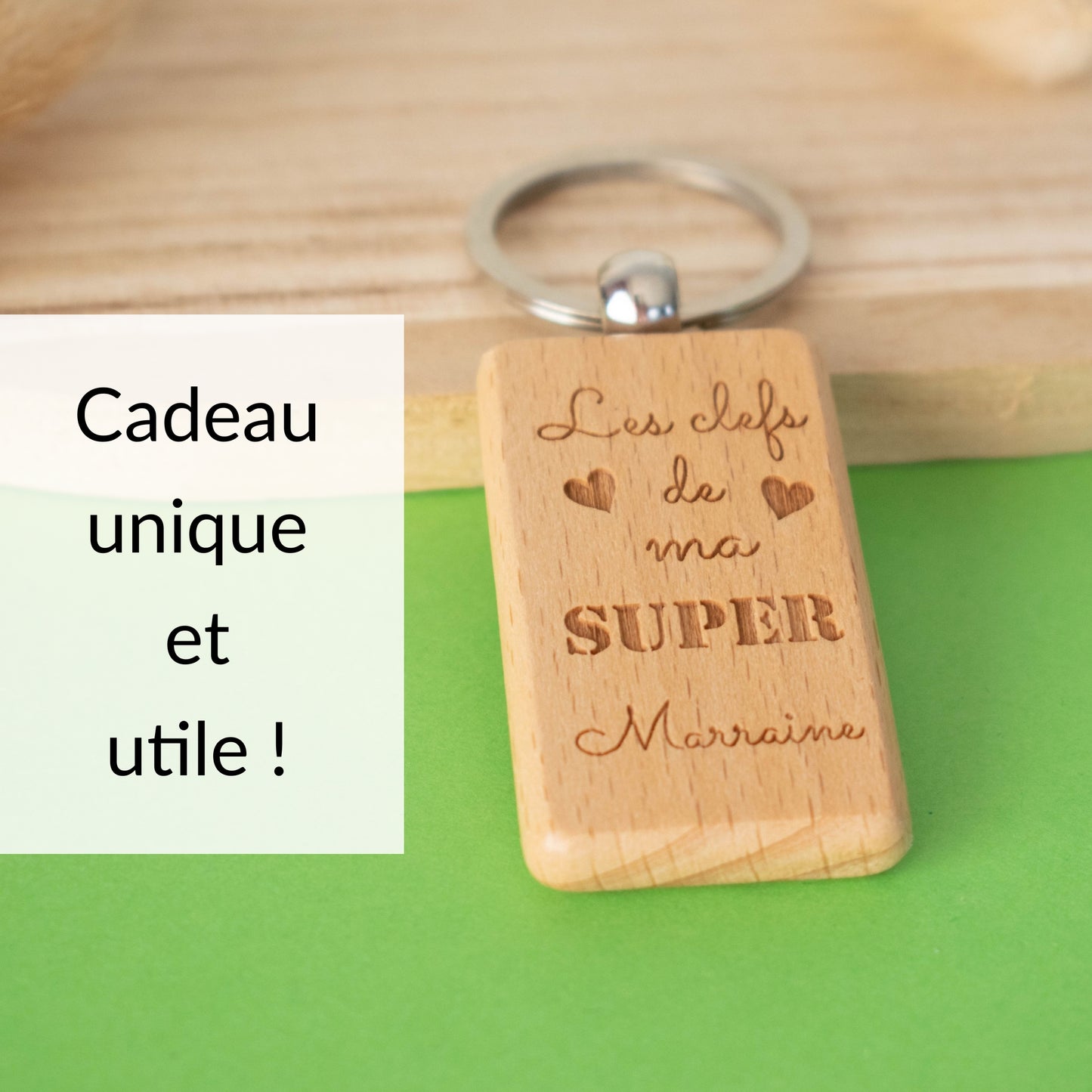 PORTE-CLEFS RECTANGLE EN BOIS - MARRAINE - LES CLEFS DE MA SUPER MARRAINE