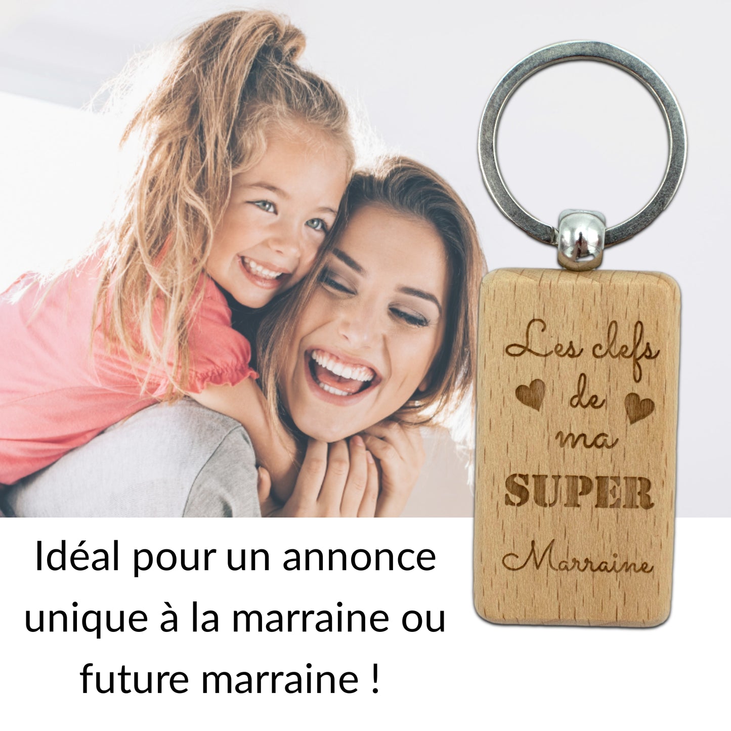 PORTE-CLEFS RECTANGLE EN BOIS - MARRAINE - LES CLEFS DE MA SUPER MARRAINE