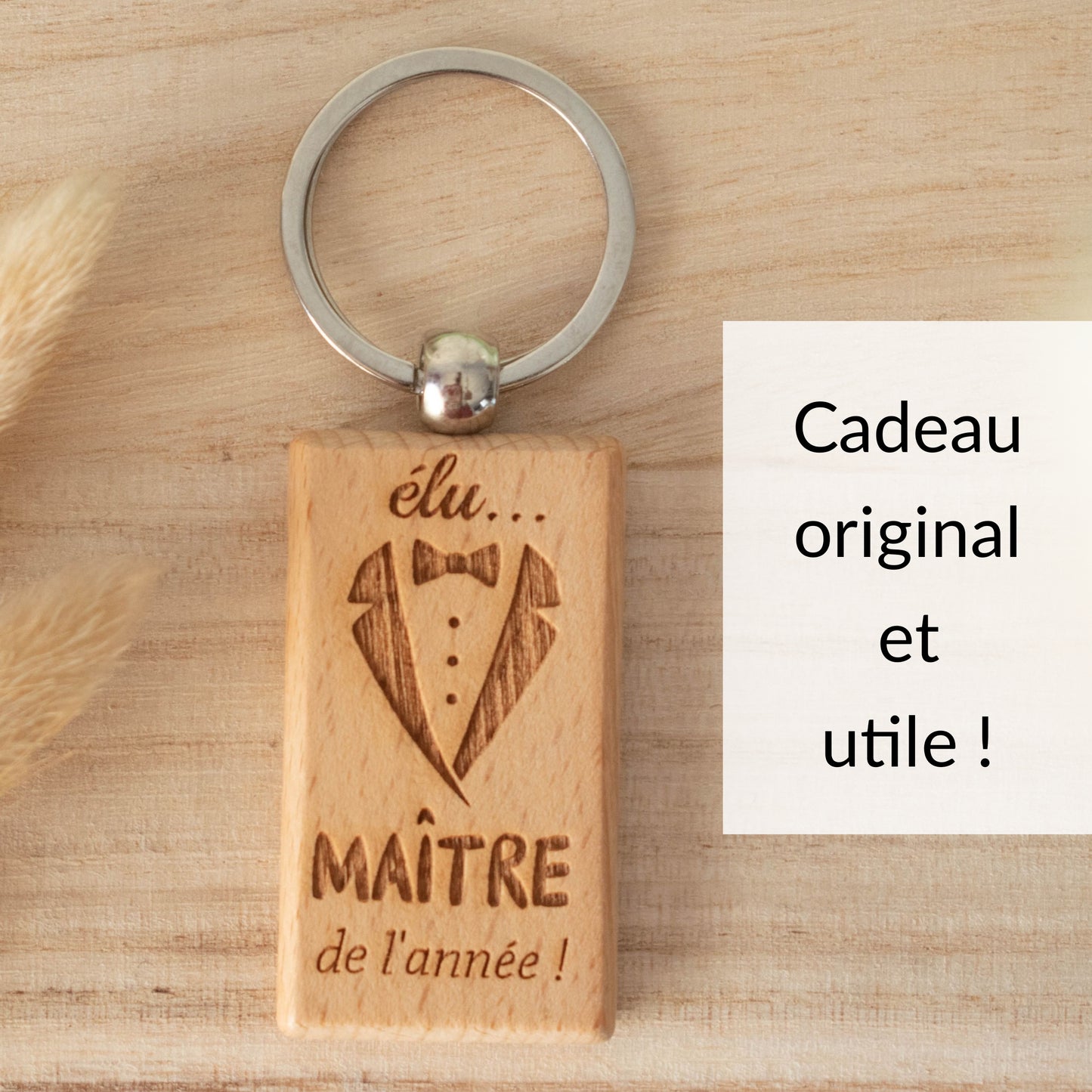PORTE-CLEFS RECTANGLE EN BOIS - MAITRE - ELU MAITRE DE L'ANNEE