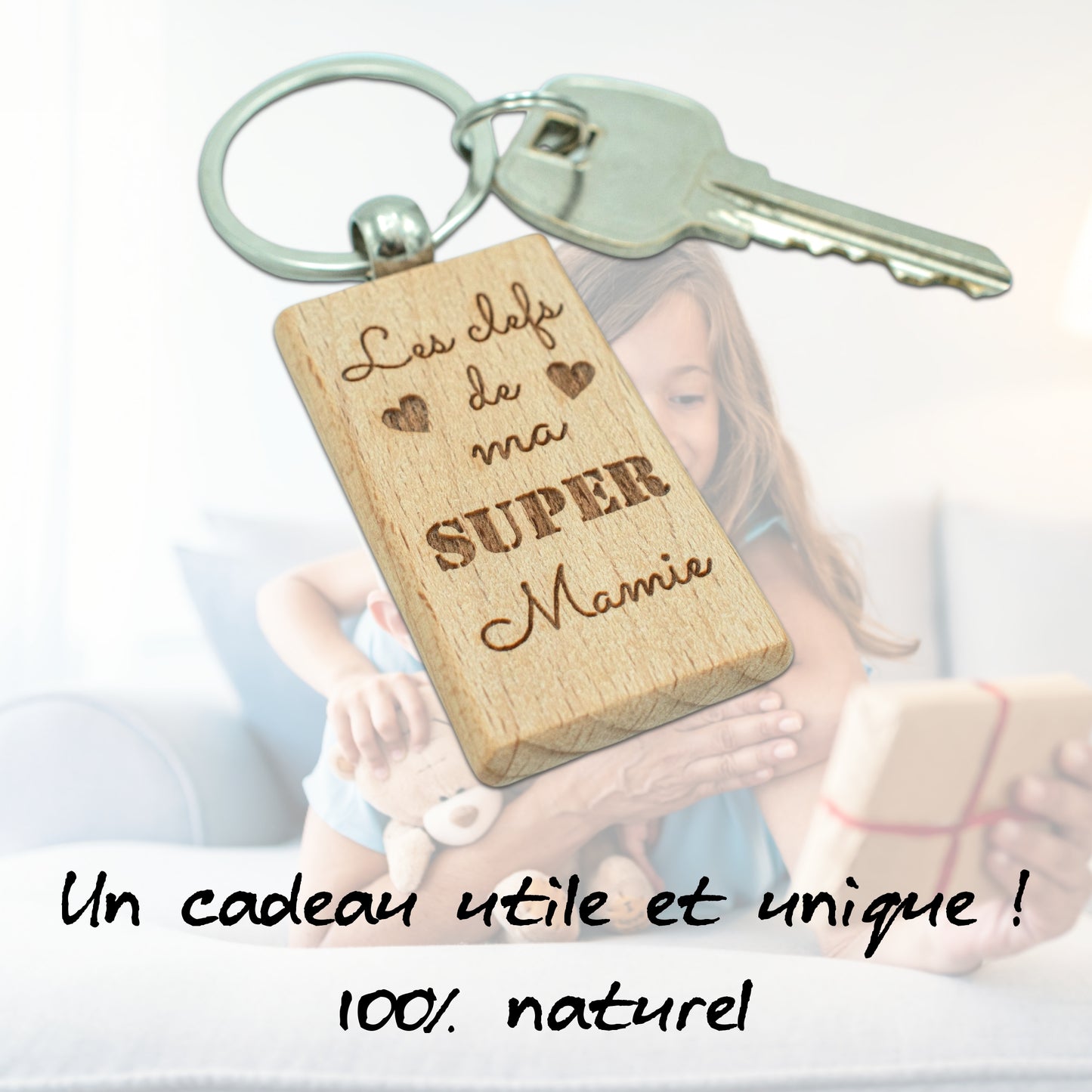 PORTE-CLEFS RECTANGLE EN BOIS - MAMIE - LES CLEFS DE MA SUPER MAMIE