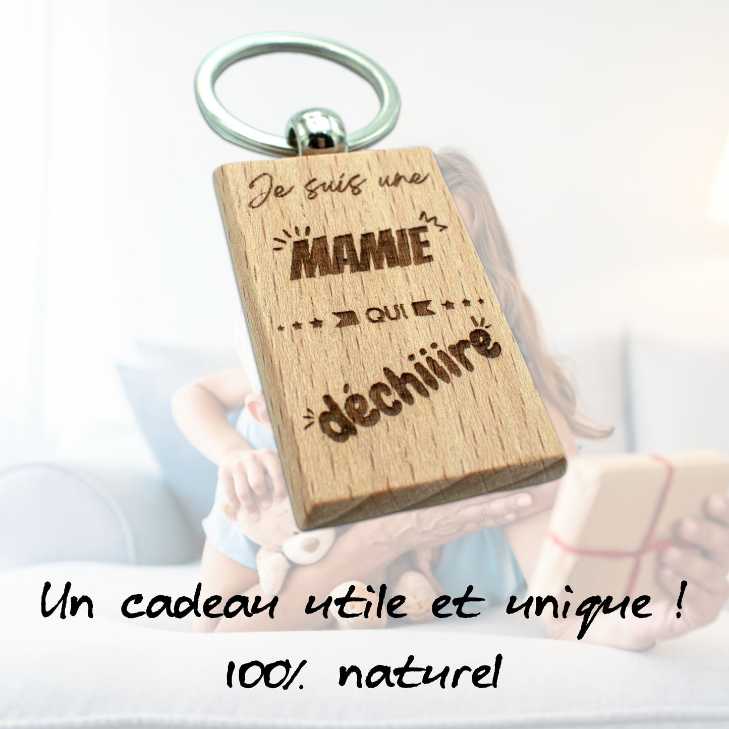 PORTE-CLEFS RECTANGLE EN BOIS - MAMIE - MAMIE QUI DECHIRE