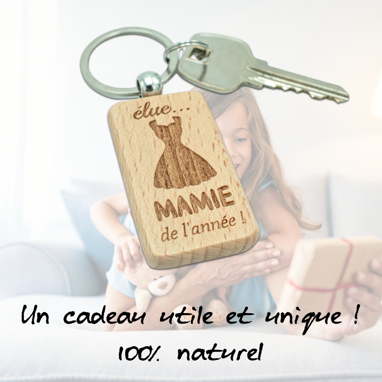 PORTE-CLEFS RECTANGLE EN BOIS - MAMIE - ELUE MAMIE DE L'ANNEE