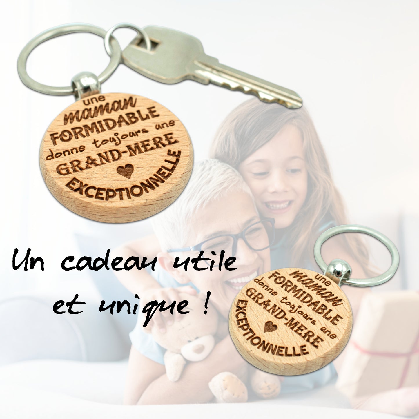 PORTE-CLEFS ROND EN BOIS - MAMAN FORMIDABLE MAMIE EXCEPTIONNELLE