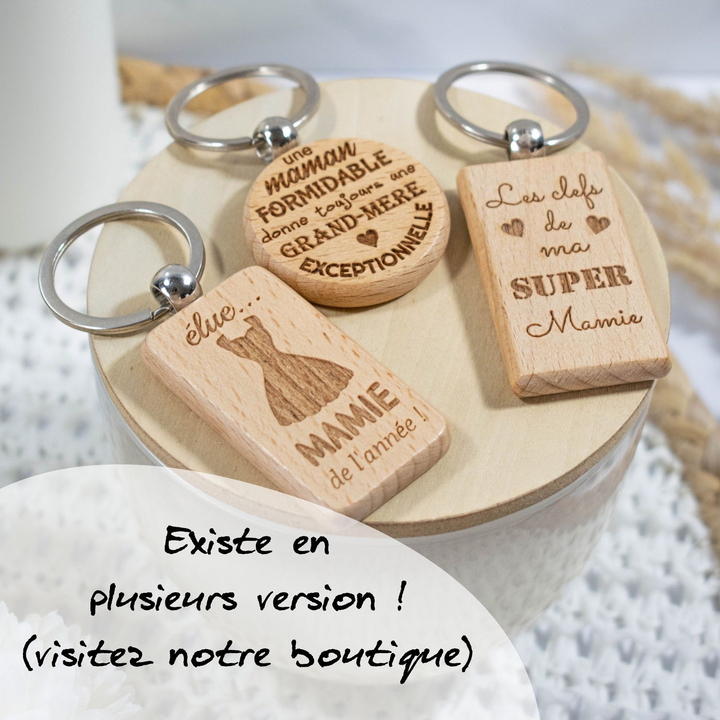 PORTE-CLEFS ROND EN BOIS - MAMAN FORMIDABLE MAMIE EXCEPTIONNELLE