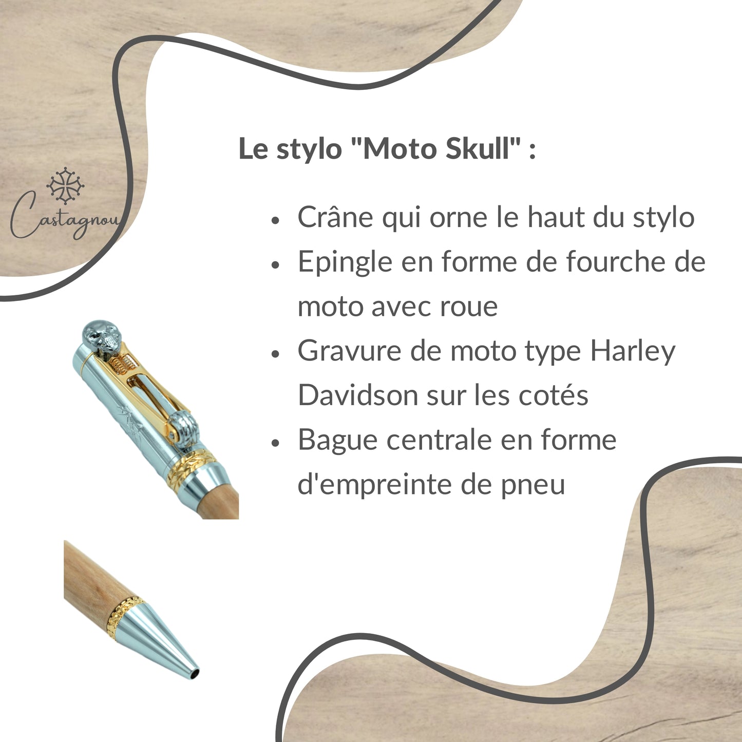 STYLO EN BOIS D'OLIVIER - MODELE MOTO SKULL