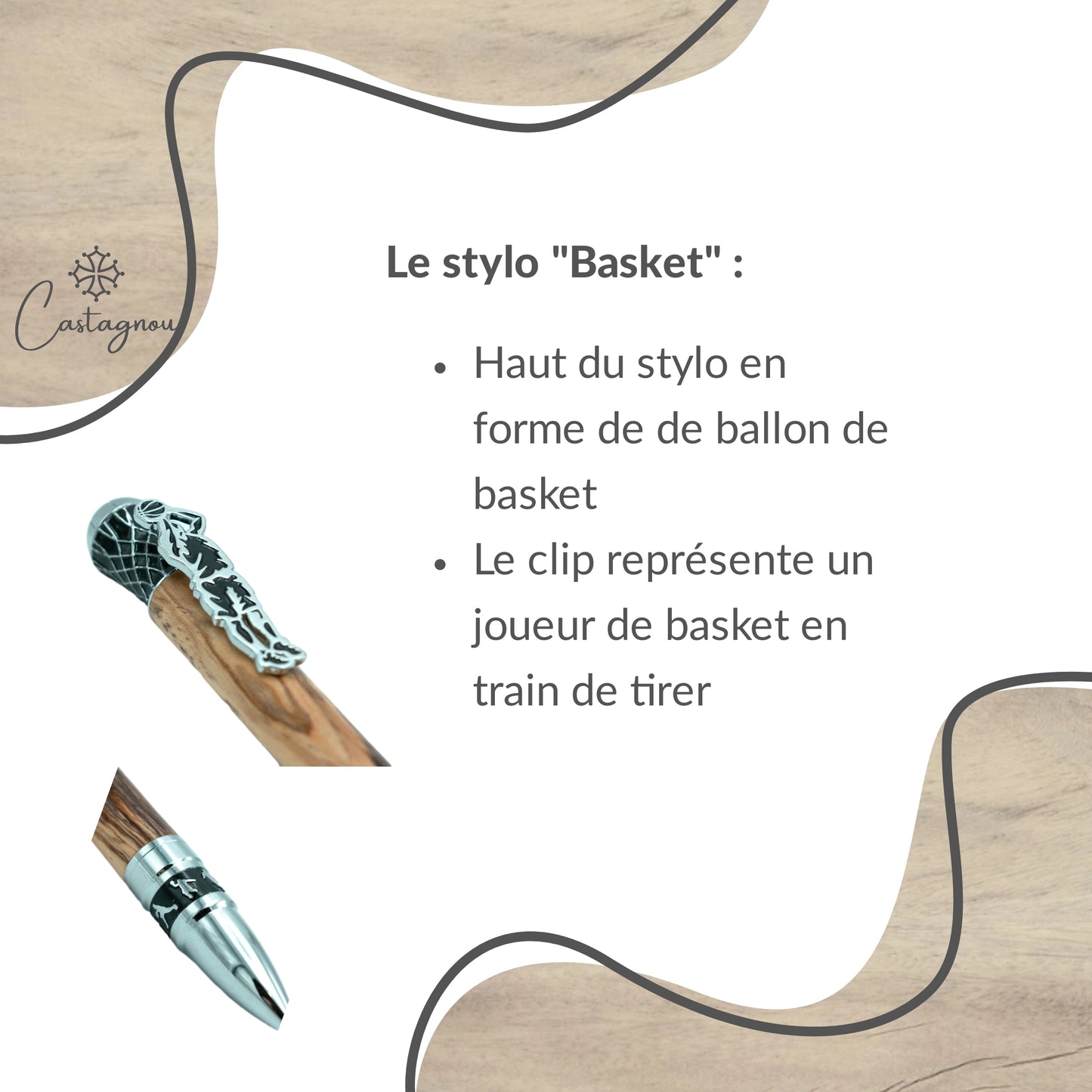 STYLO EN BOIS D'OLIVIER - MODELE BASKETBALL