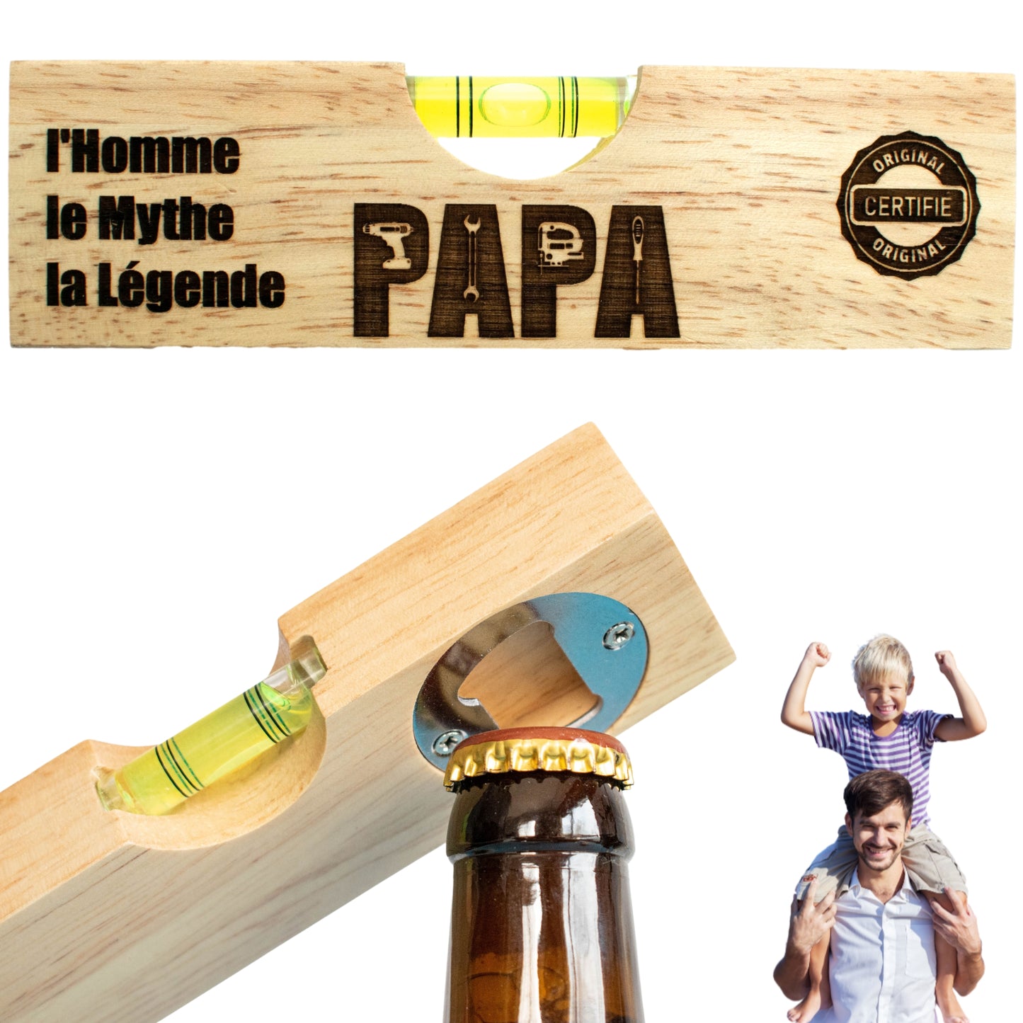 DECAPSULEUR EN BOIS 2 EN 1 - NIVEAU - PAPA - L'HOMME, LE MYTHE, LA LEGENDE