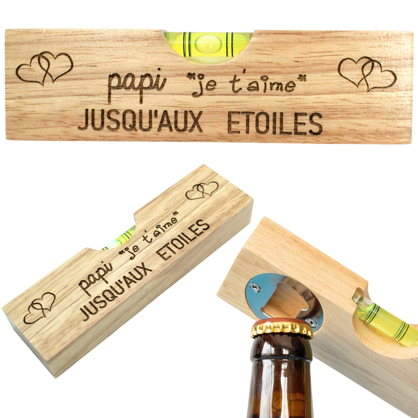 DECAPSULEUR EN BOIS 2 EN 1 - NIVEAU - PAPI - JE T'AIME JUSQU'AUX ETOILES