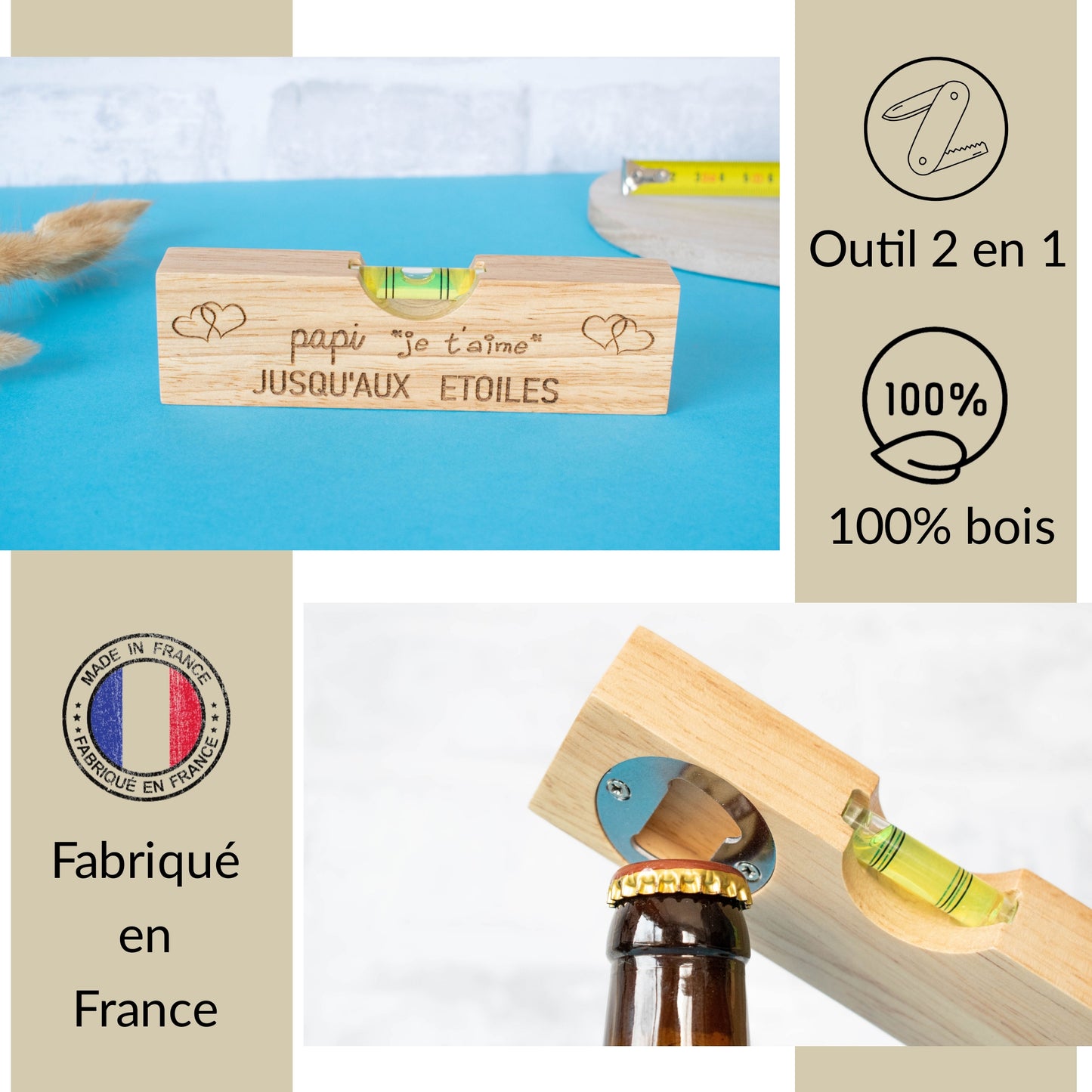 DECAPSULEUR EN BOIS 2 EN 1 - NIVEAU - PAPI - JE T'AIME JUSQU'AUX ETOILES