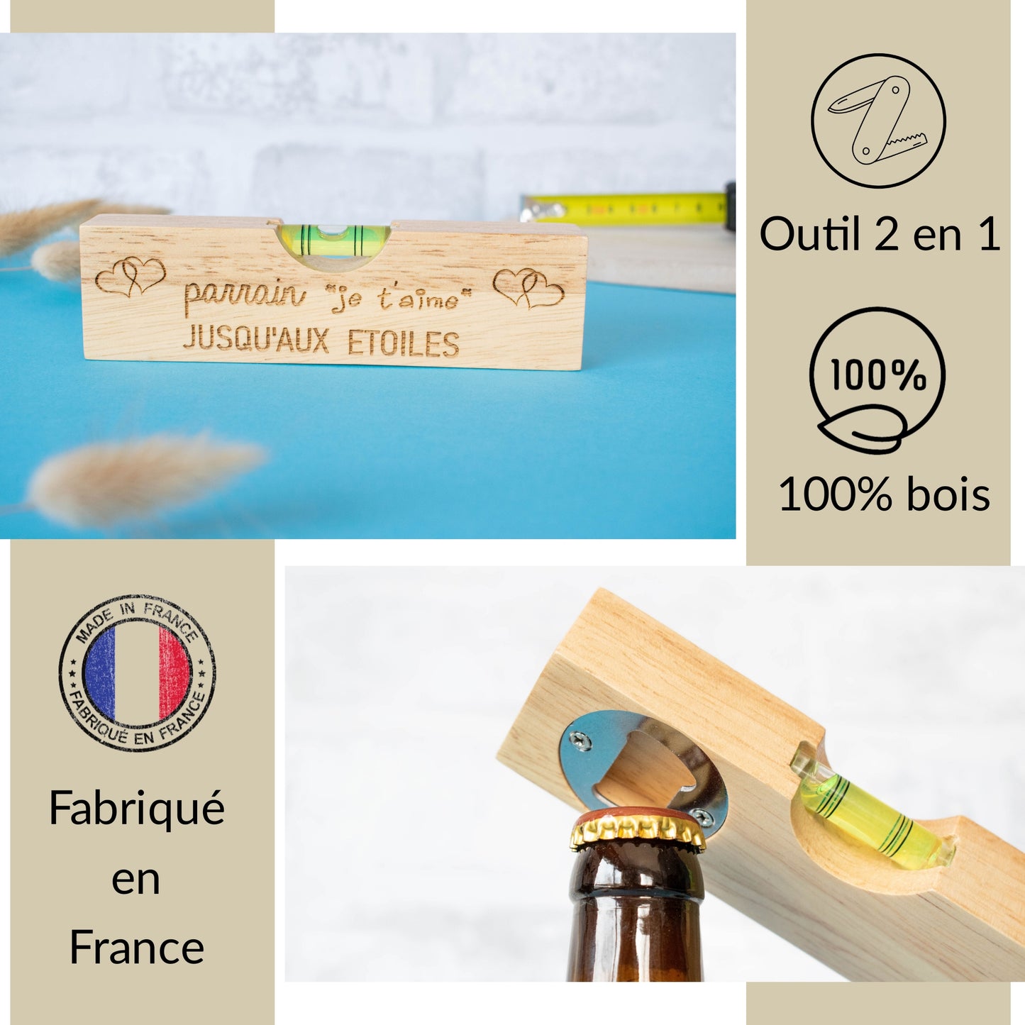 DECAPSULEUR EN BOIS 2 EN 1 - NIVEAU - PARRAIN - JE T'AIME JUSQU'AUX ETOILES