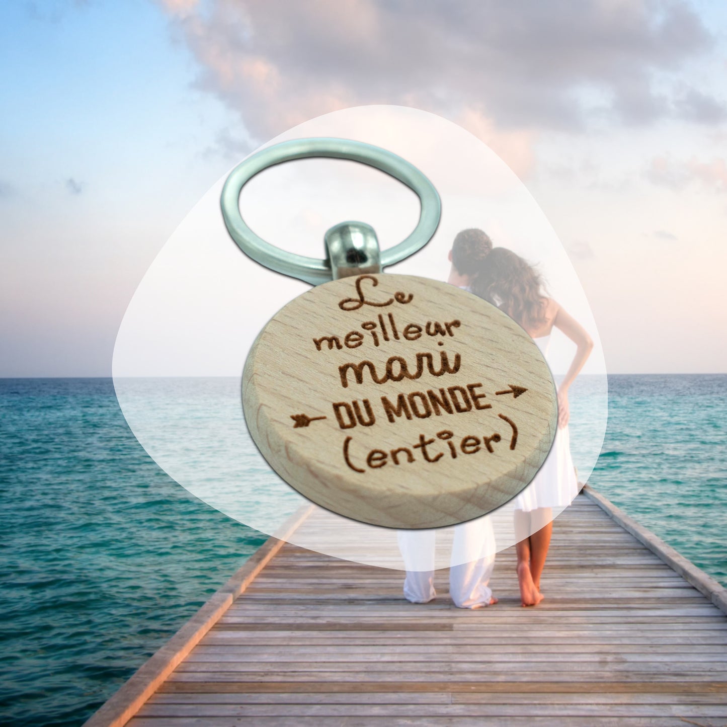 PORTE-CLEFS ROND EN BOIS - MARI - MEILLEURE DU MONDE ENTIER