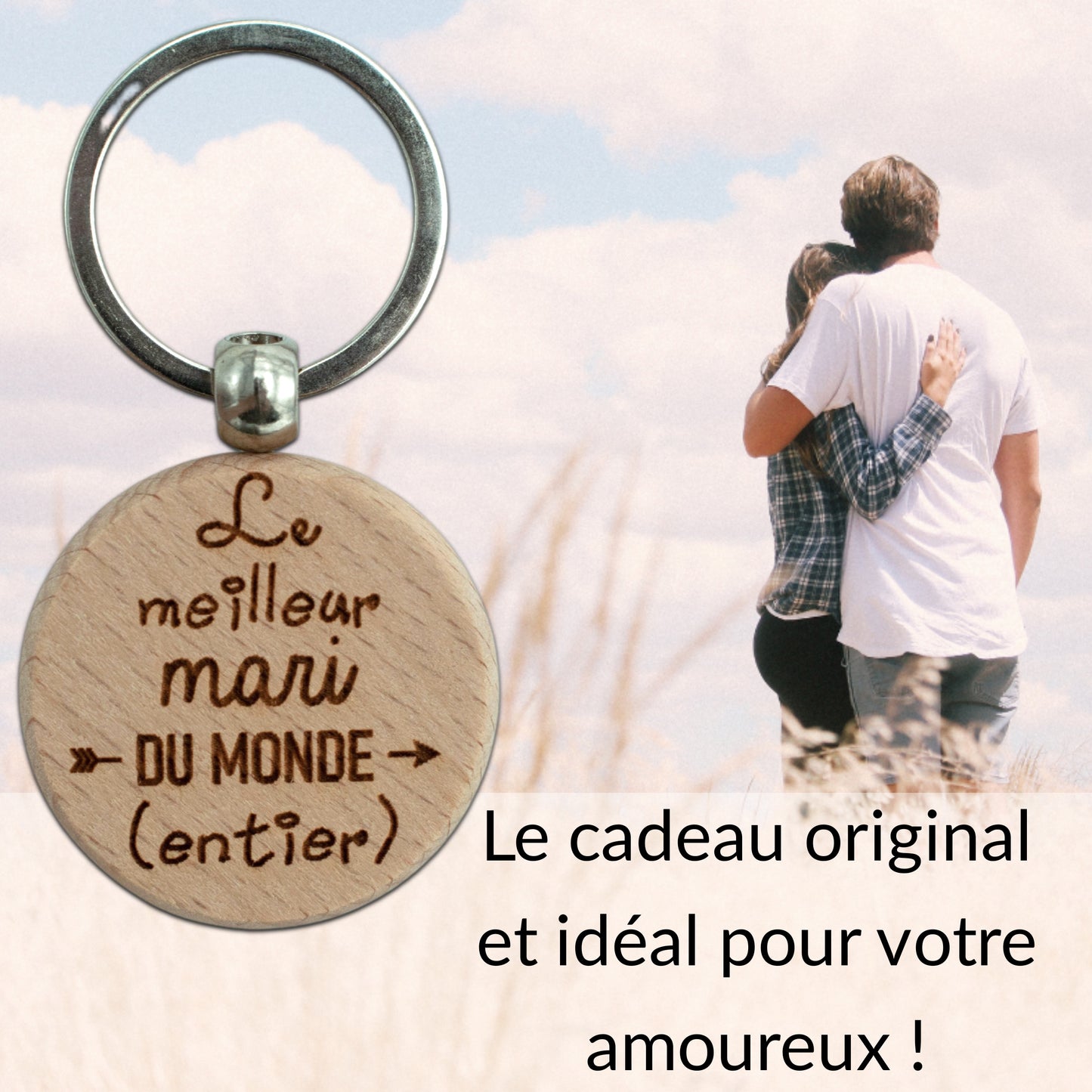 PORTE-CLEFS ROND EN BOIS - MARI - MEILLEURE DU MONDE ENTIER