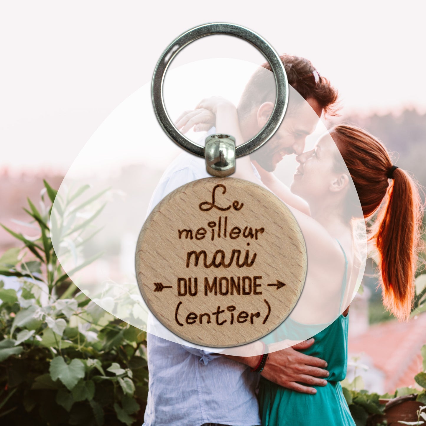 PORTE-CLEFS ROND EN BOIS - MARI - MEILLEURE DU MONDE ENTIER