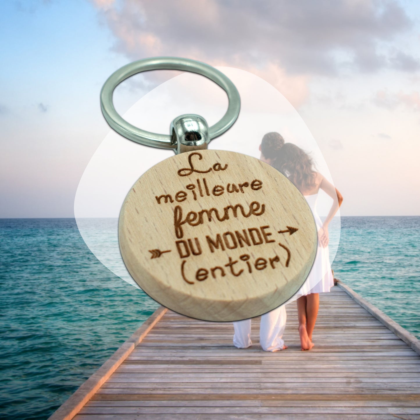 PORTE-CLEFS ROND EN BOIS - FEMME - MEILLEURE DU MONDE ENTIER