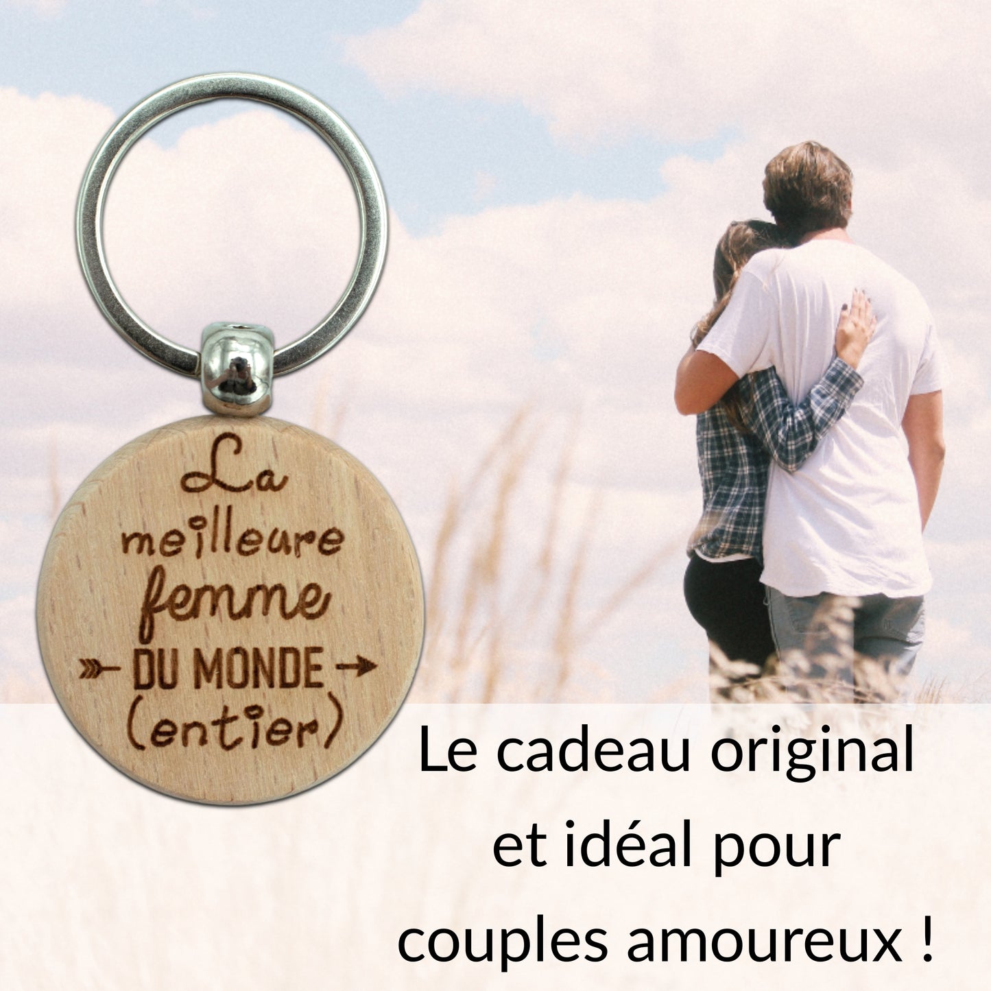 PORTE-CLEFS ROND EN BOIS - FEMME - MEILLEURE DU MONDE ENTIER