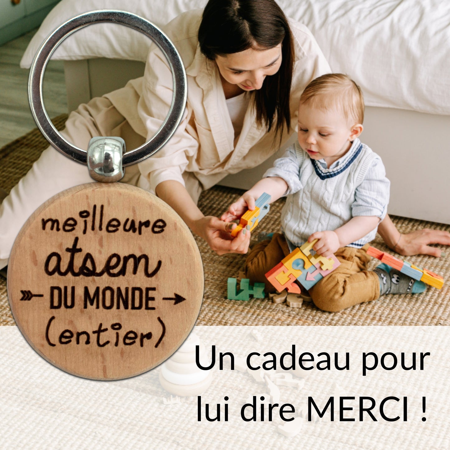 PORTE-CLEFS ROND EN BOIS - ATSEM - MEILLEURE DU MONDE ENTIER