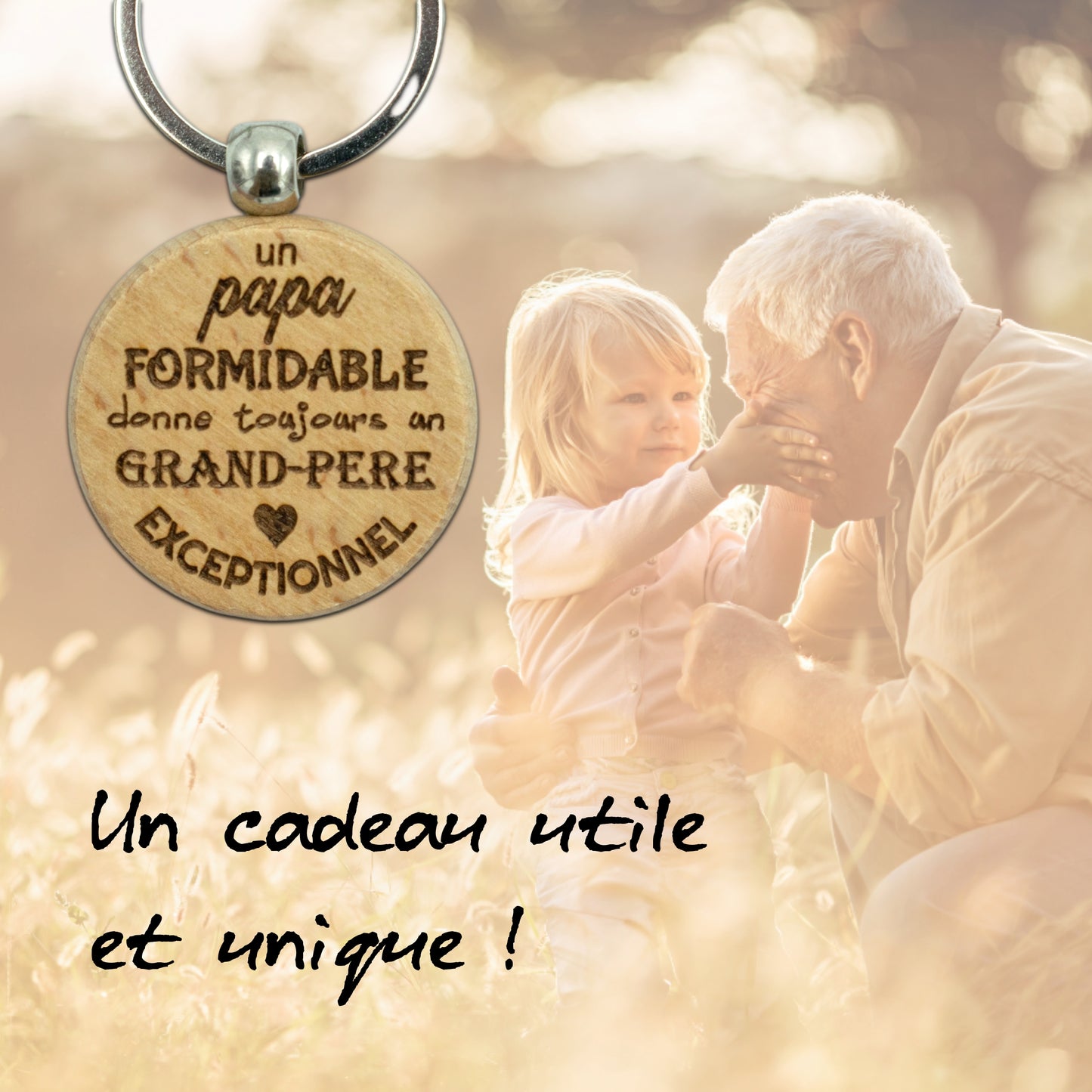 PORTE-CLEFS ROND EN BOIS - PAPI - PAPA FORMIDABLE PAPI EXCEPTIONNEL