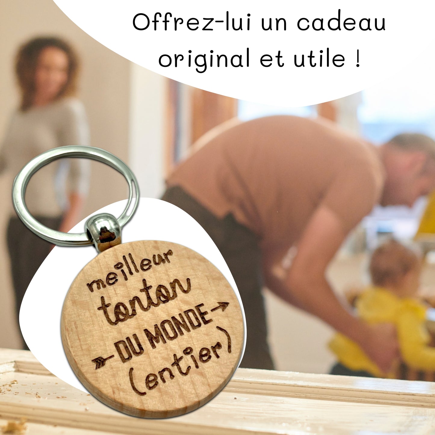 PORTE-CLEFS ROND EN BOIS - TONTON - MEILLEUR DU MONDE ENTIER