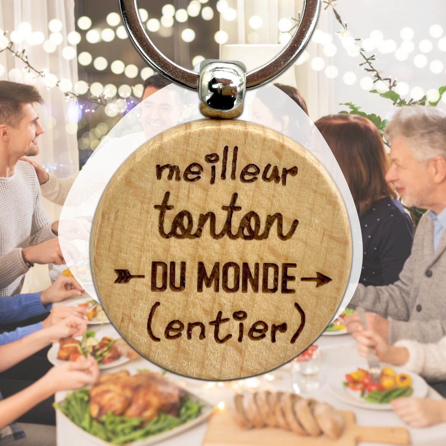 PORTE-CLEFS ROND EN BOIS - TONTON - MEILLEUR DU MONDE ENTIER