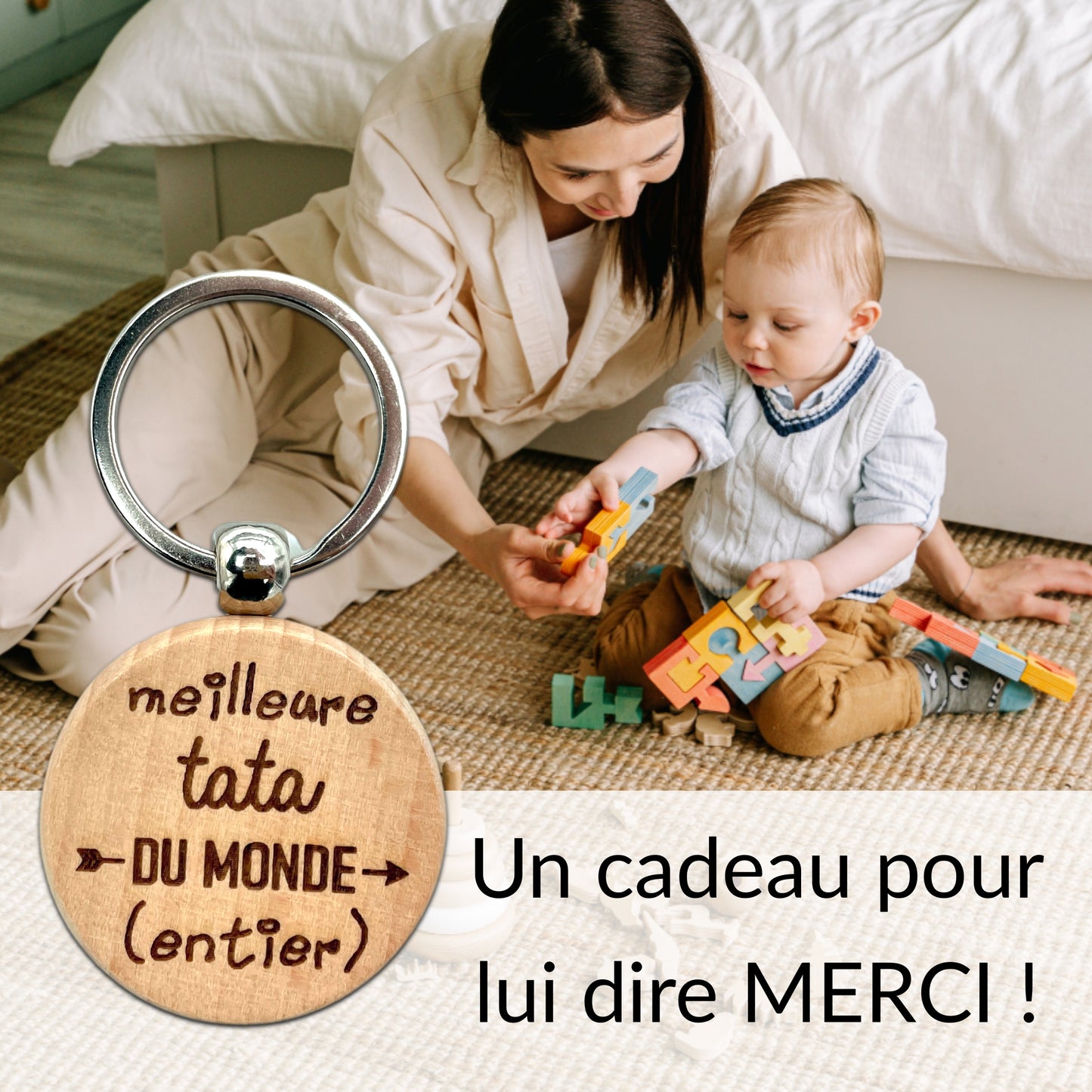 PORTE-CLEFS ROND EN BOIS - TATA - MEILLEURE DU MONDE ENTIER