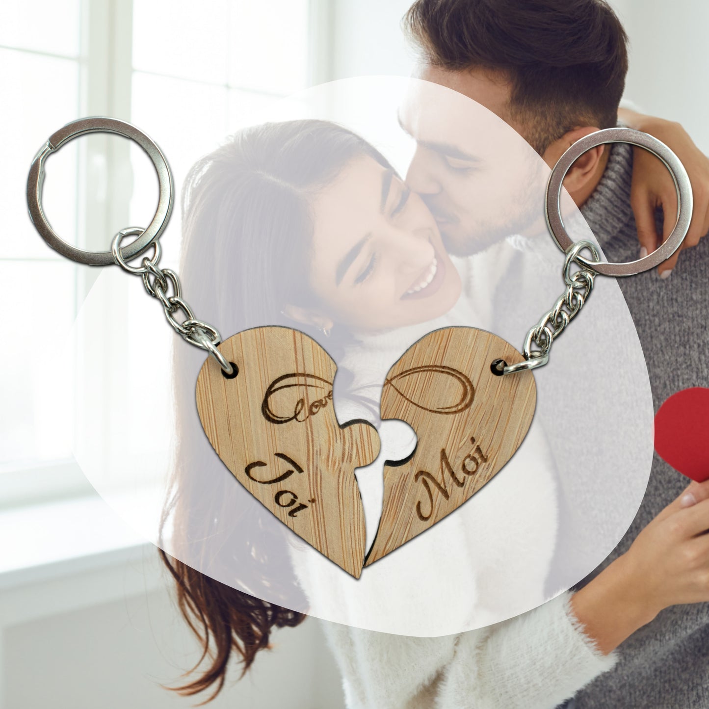 PORTE-CLEFS DOUBLE COEUR EN BAMBOU - TOI + MOI