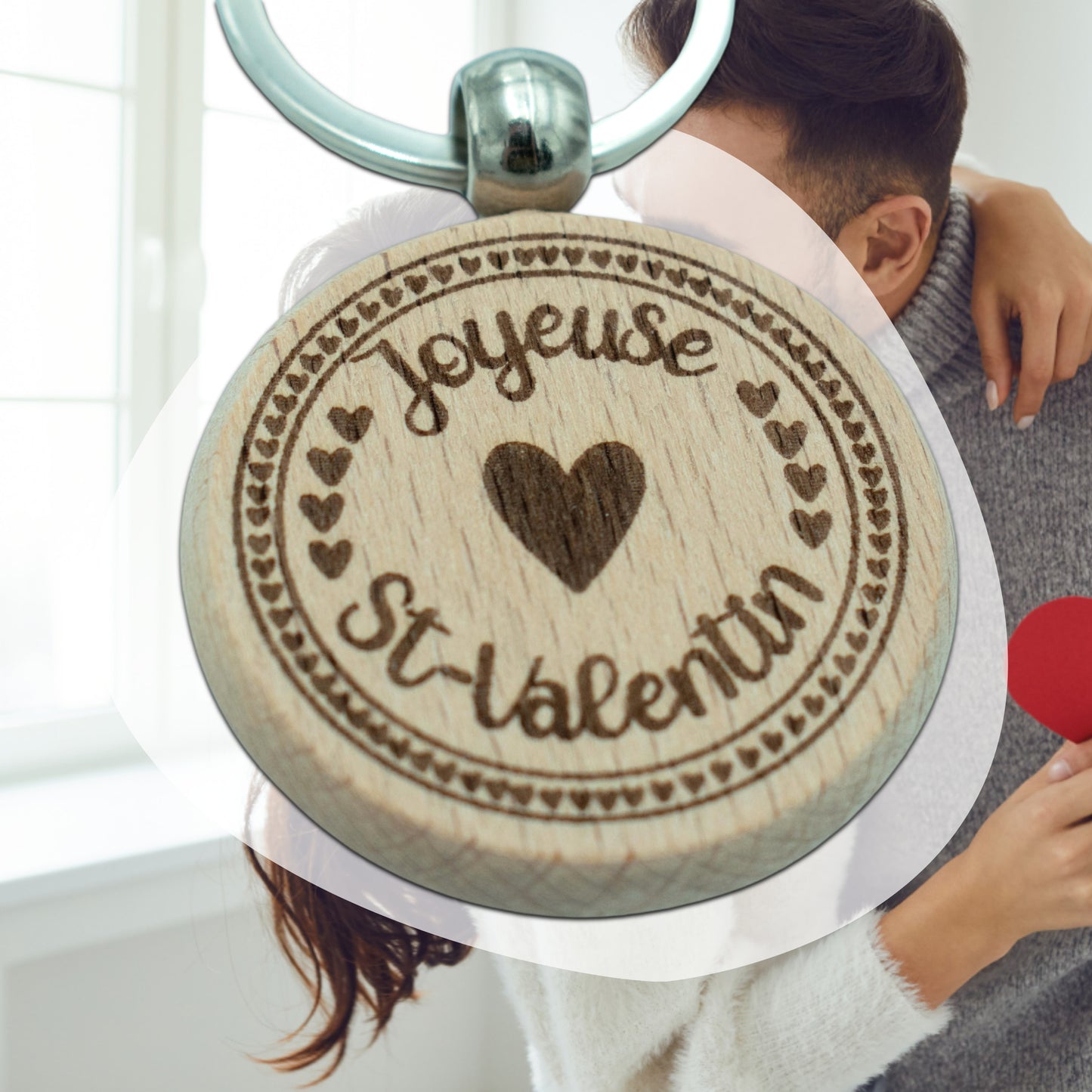 PORTE-CLEFS ROND EN BOIS - AMOUR - JOYEUSE SAINT-VALENTIN