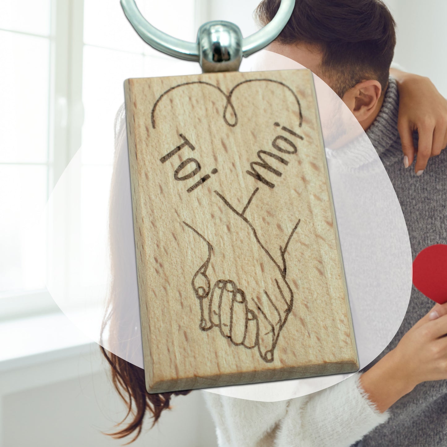 PORTE-CLEFS RECTANGLE EN BOIS - AMOUR - MAINS LIÉES