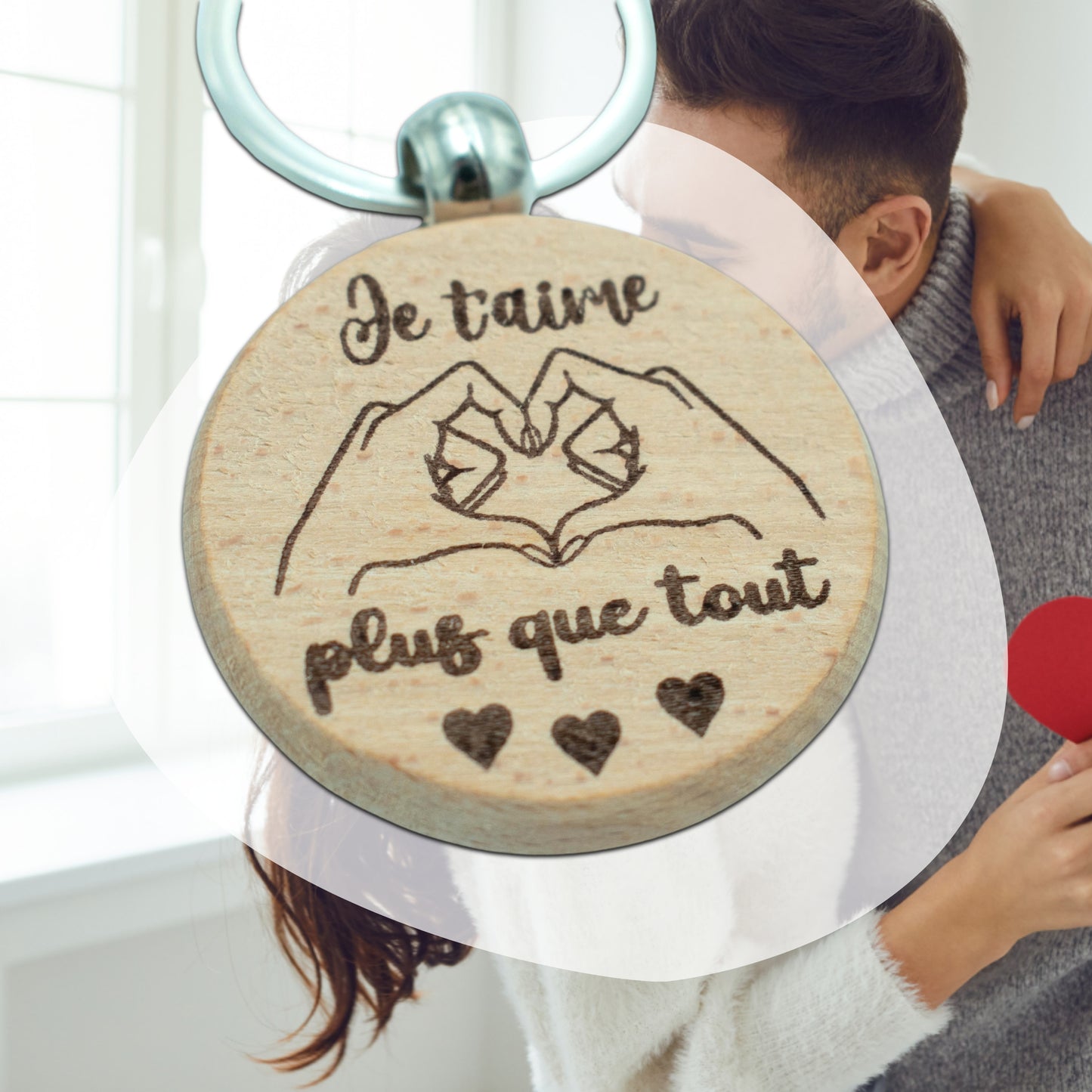 PORTE-CLEFS ROND EN BOIS - AMOUR - JE T'AIME PLUS QUE TOUT
