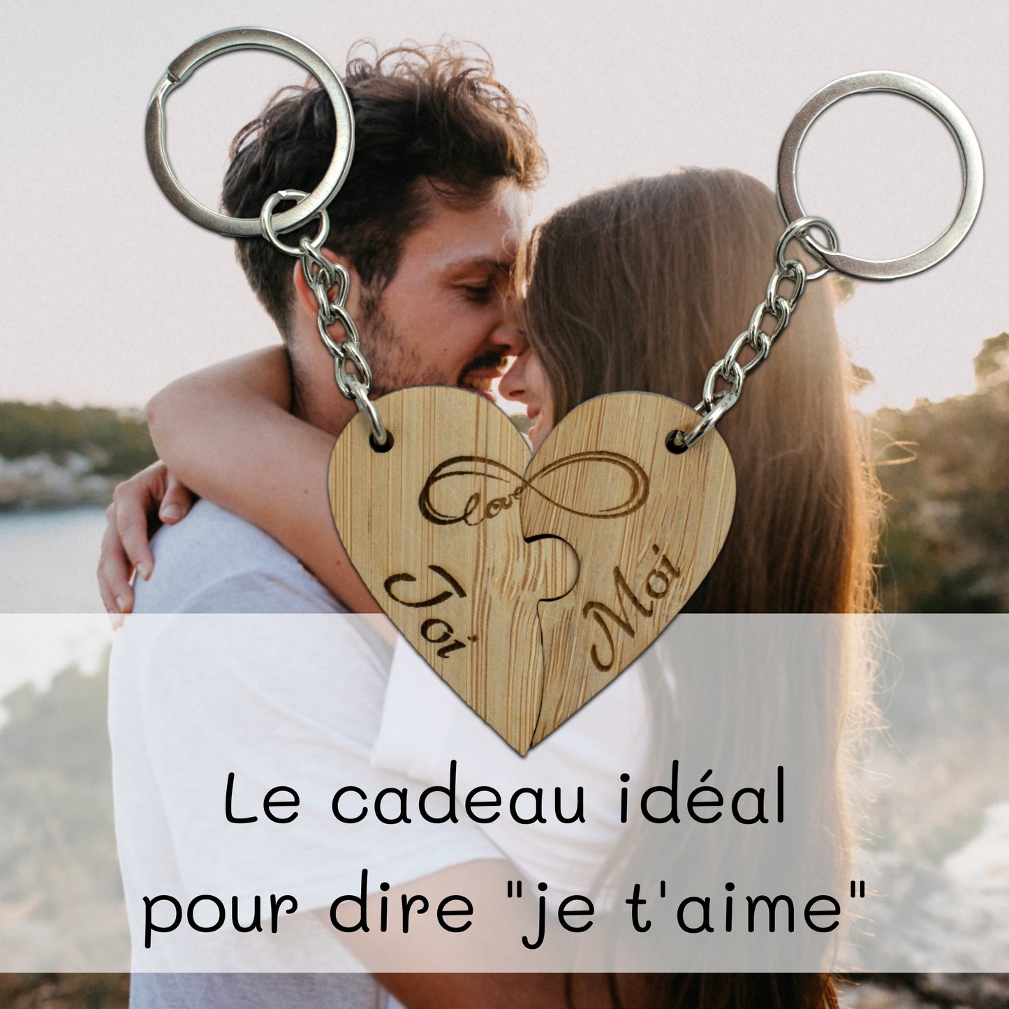 PORTE-CLEFS DOUBLE COEUR EN BAMBOU - TOI + MOI