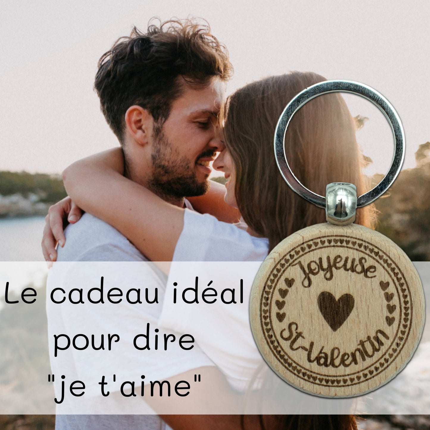 PORTE-CLEFS ROND EN BOIS - AMOUR - JOYEUSE SAINT-VALENTIN