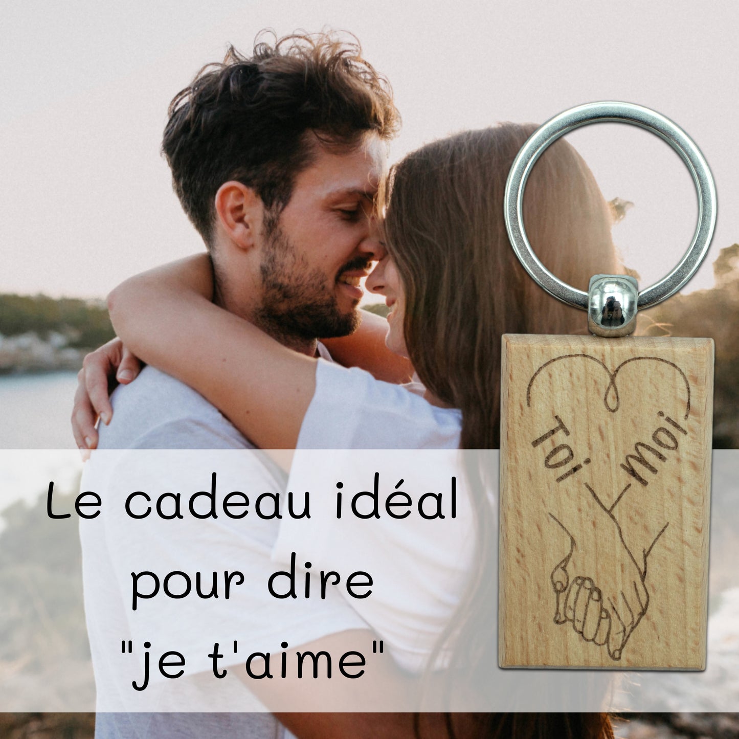 PORTE-CLEFS RECTANGLE EN BOIS - AMOUR - MAINS LIÉES