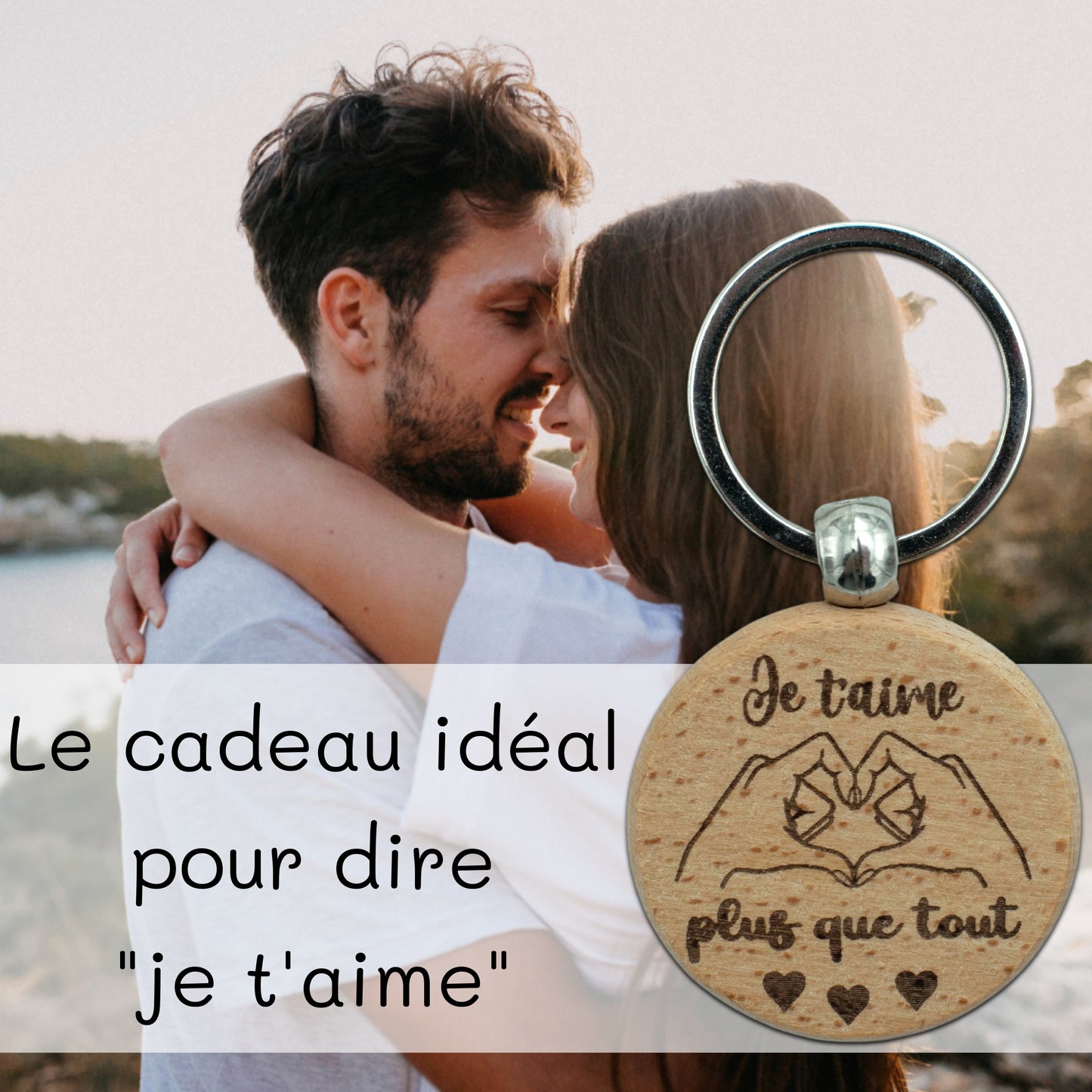 PORTE-CLEFS ROND EN BOIS - AMOUR - JE T'AIME PLUS QUE TOUT