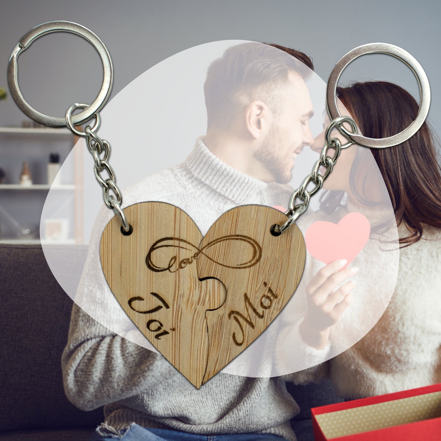 PORTE-CLEFS DOUBLE COEUR EN BAMBOU - TOI + MOI