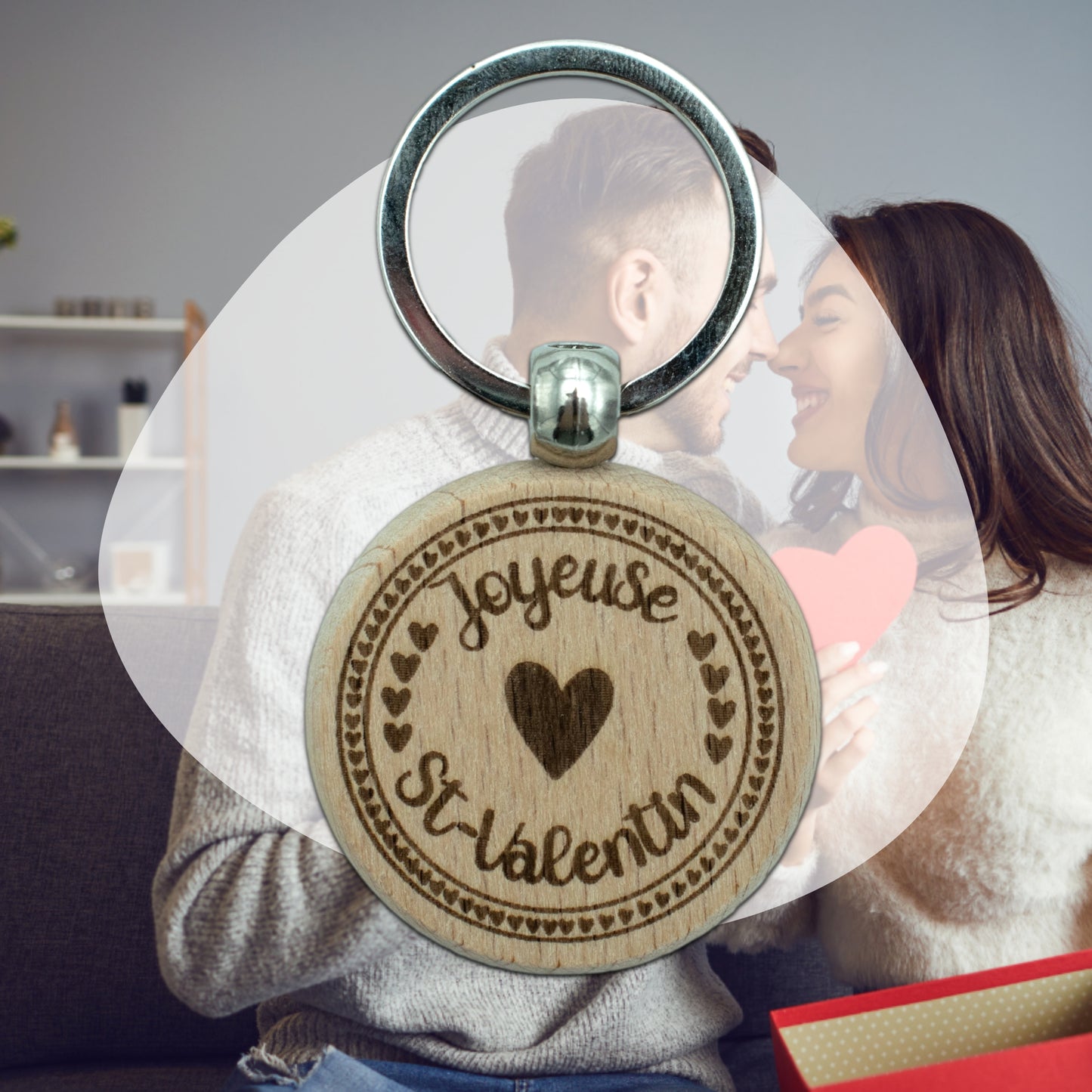 PORTE-CLEFS ROND EN BOIS - AMOUR - JOYEUSE SAINT-VALENTIN