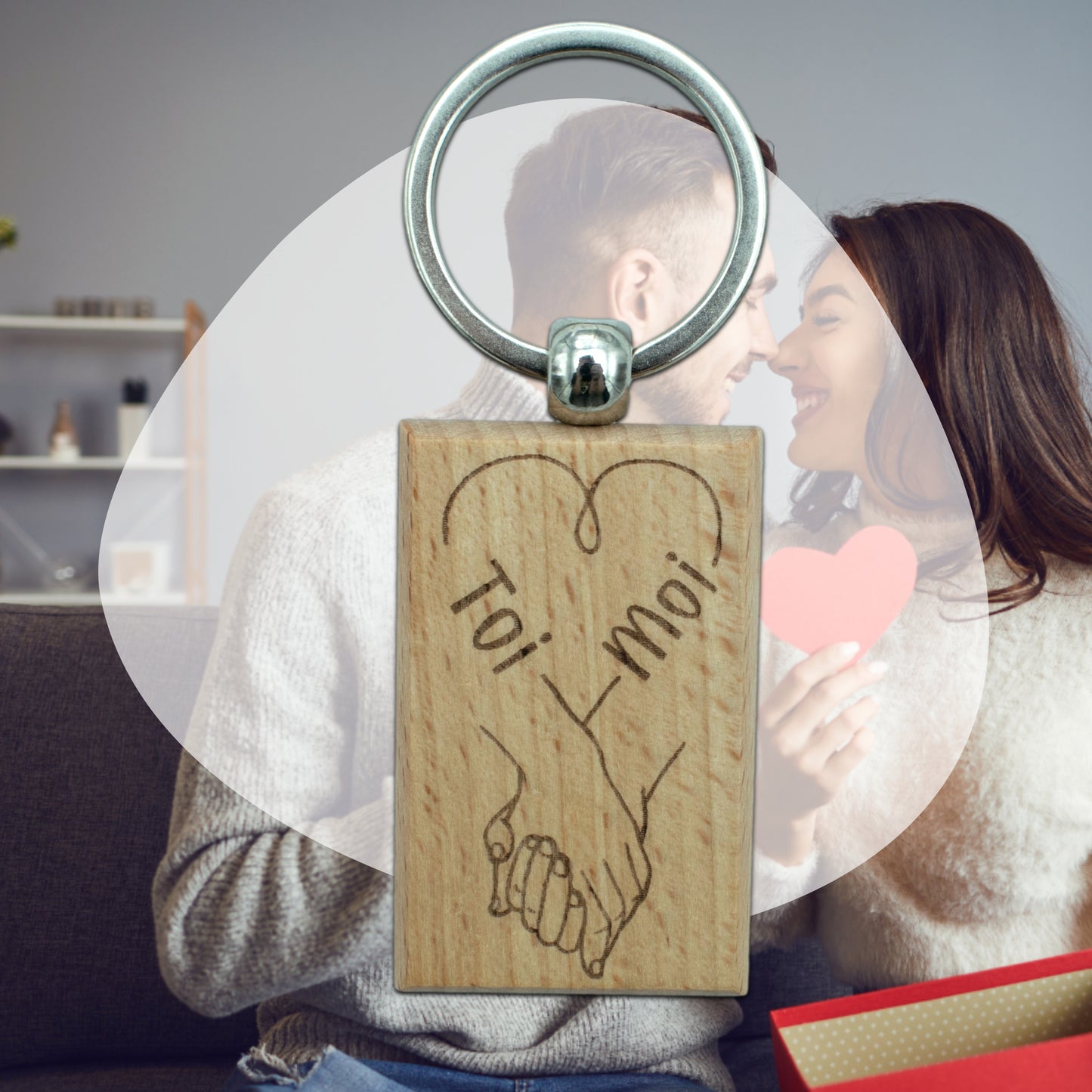 PORTE-CLEFS RECTANGLE EN BOIS - AMOUR - MAINS LIÉES