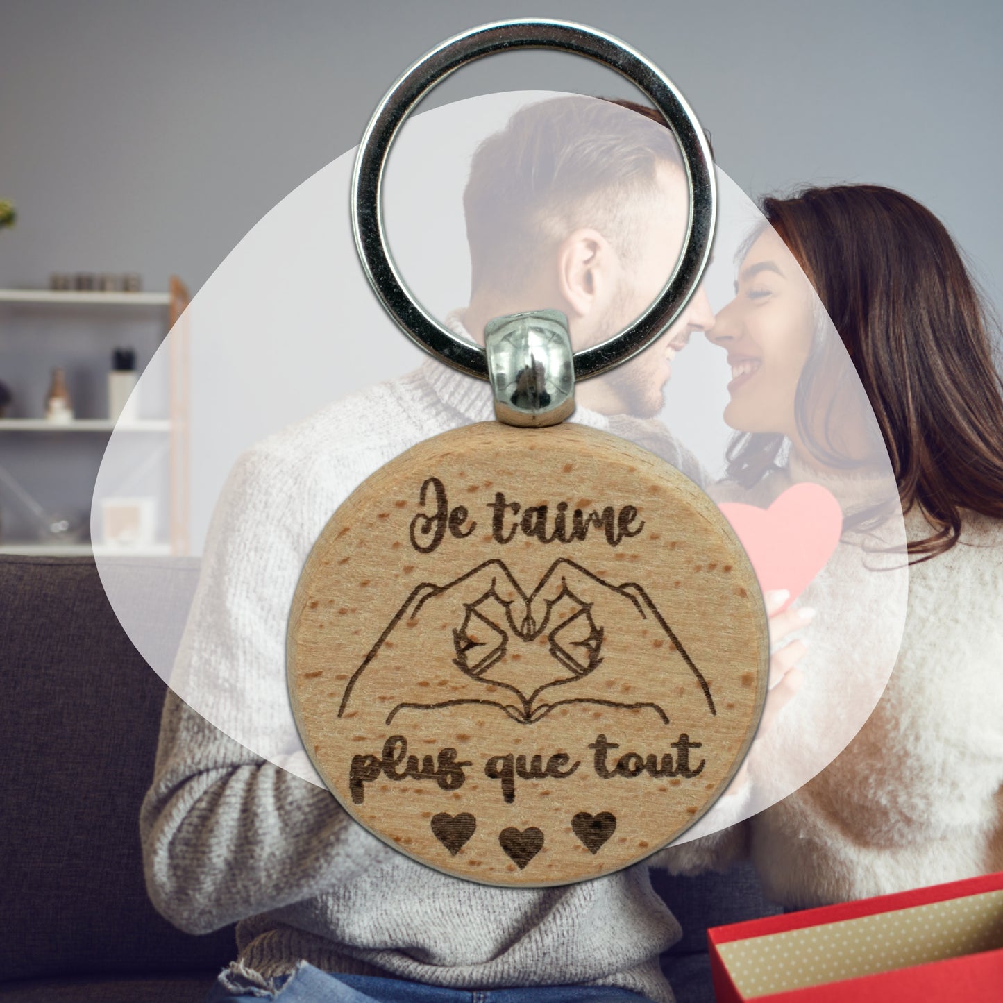 PORTE-CLEFS ROND EN BOIS - AMOUR - JE T'AIME PLUS QUE TOUT