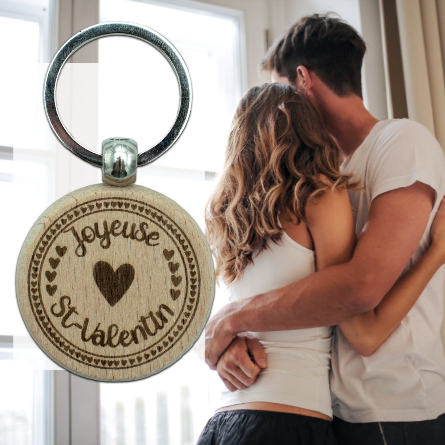 PORTE-CLEFS ROND EN BOIS - AMOUR - JOYEUSE SAINT-VALENTIN