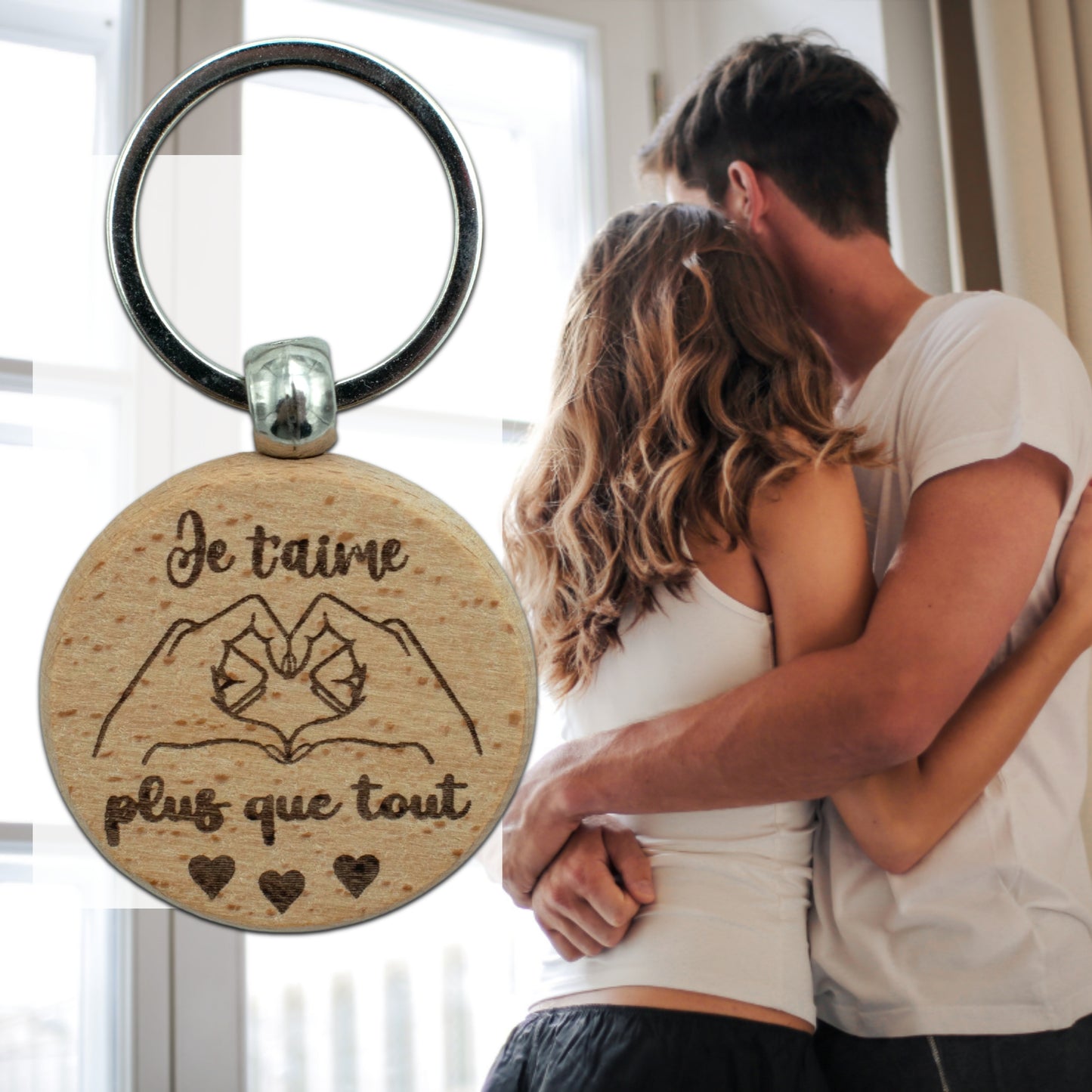 PORTE-CLEFS ROND EN BOIS - AMOUR - JE T'AIME PLUS QUE TOUT