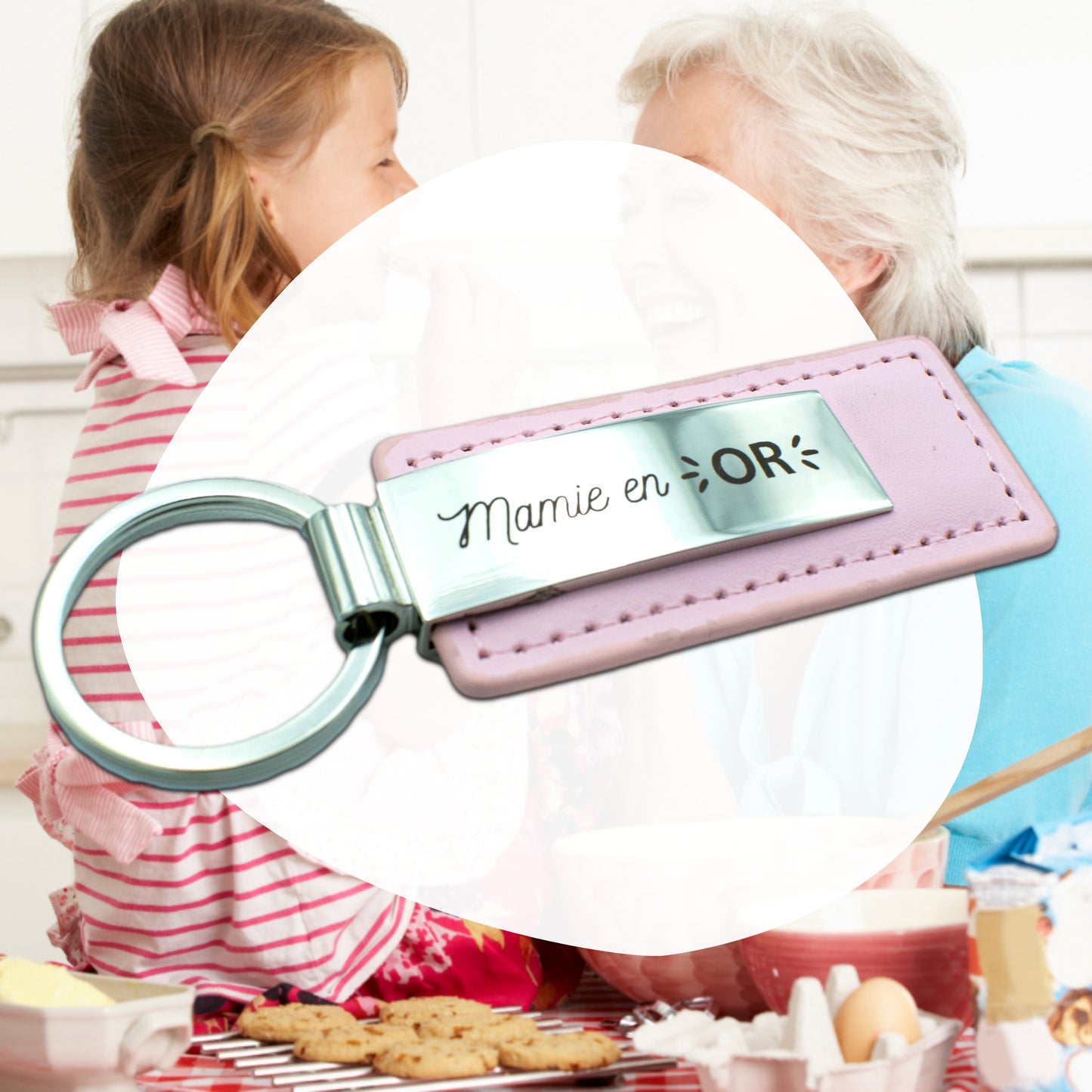 PORTE-CLEFS EN ACIER ET CUIR - ROSE - MAMIE EN OR